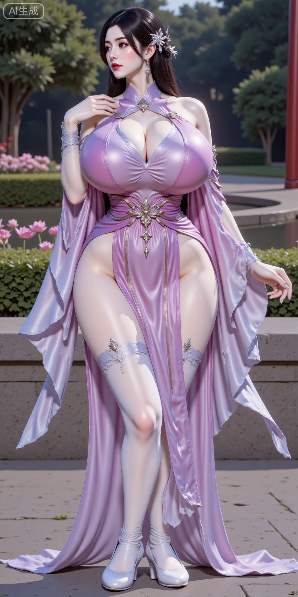 DTC-shuiyue,1girl,solo,standing,Rmengling,long hair,curvy,mature female,breasts,large breasts,huge breasts,hair ornament,makeup,In an ancient Chinese garden,flowers,petals,shot from behind,hanfu dress,DTCmy,Hugebr,LXQ-ba,