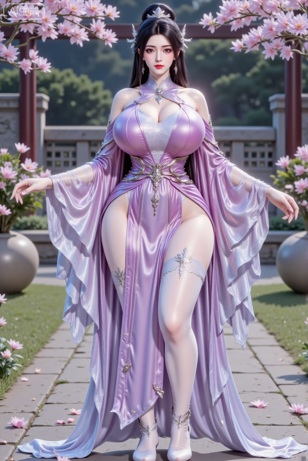 DTC-shuiyue,1girl,solo,standing,Rmengling,long hair,curvy,mature female,breasts,large breasts,huge breasts,hair ornament,makeup,In an ancient Chinese garden,flowers,petals,shot from behind,hanfu dress,DTCmy,Hugebr,LXQ-ba,