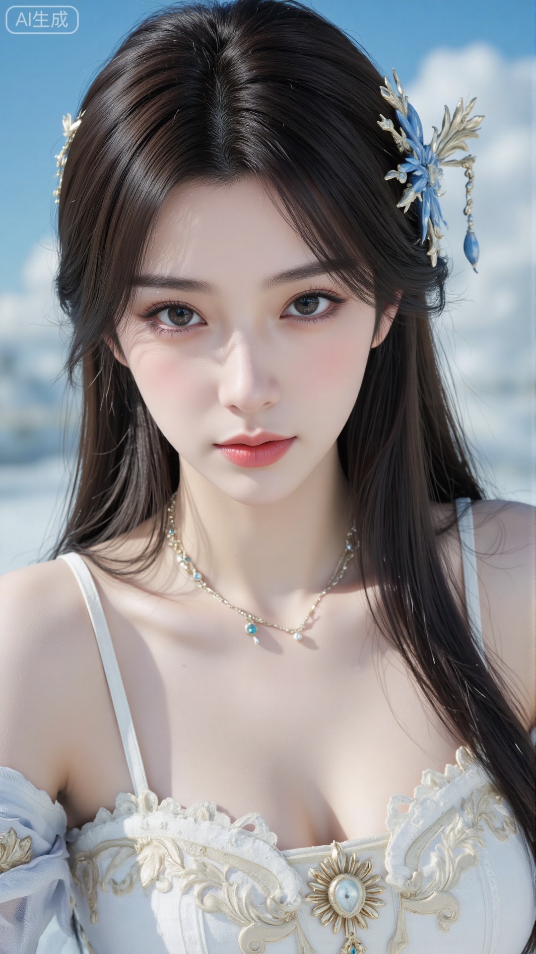 Very detailed face, extremely detailed eyes and face, blue eyes, (vacuum), 8K wallpaper, light leak, beautiful and detailed girl, extremely detailed CGUnity8K wallpaper, an extremely detailed and beautiful, beautiful and detailed eyes, masterpiece, best quality, Real photo level, (frontal shooting panoramic perspective), ( (Full body photo)), dynamic angle, dynamic pose, solo, ancient style silver hairpin with petals, blue sky and white clouds, (C cup), (huge round breasts), slender legs, super good figure, stunning beauty, (whole body in the mirror) , (wearing Lolita nightgown), (light reflects the shadow of the body through the clothes),vacuum,bare and smooth