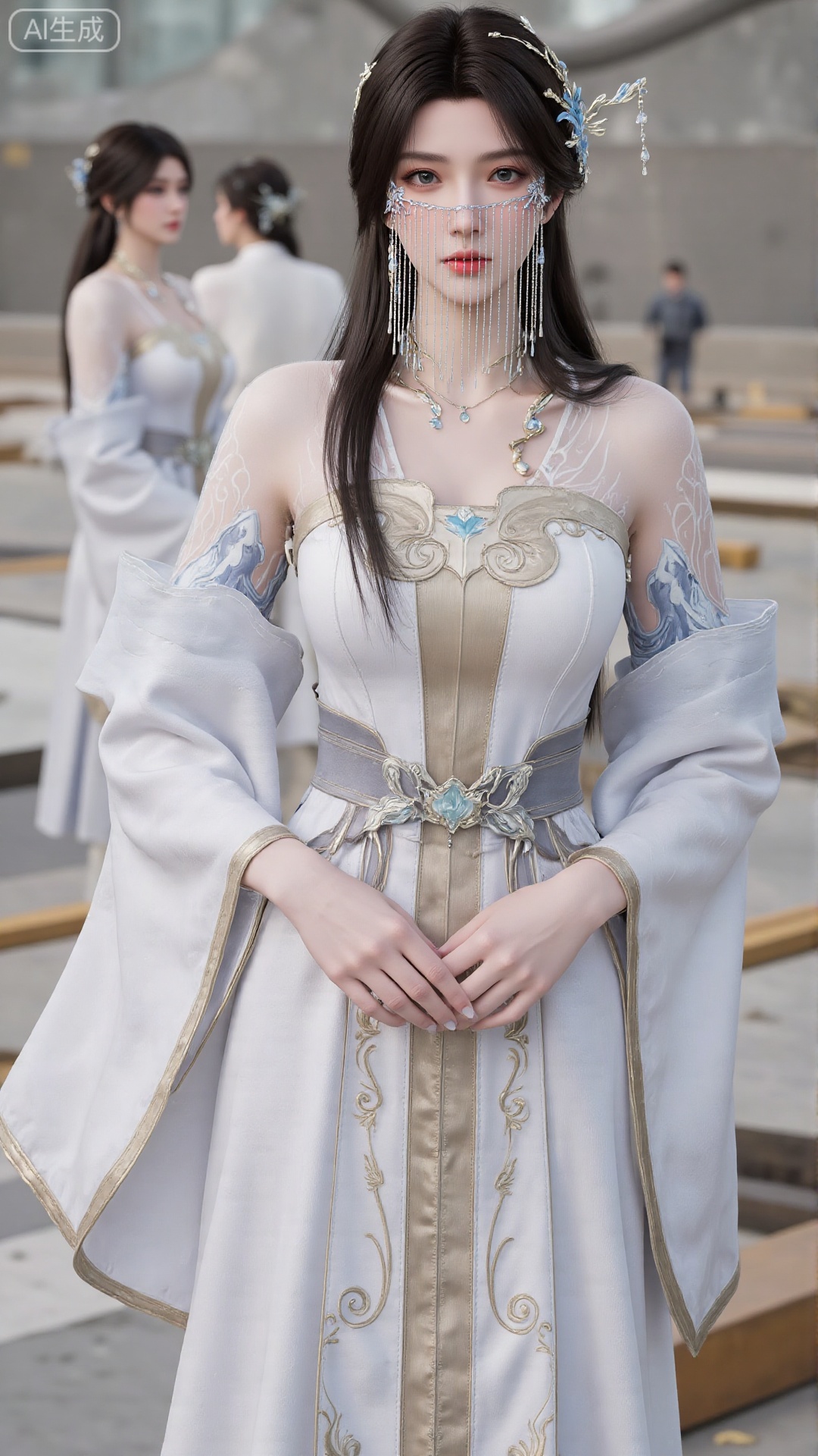 1girl, long hair, white dress, solo, dress, jewelry, earrings, hair bun, hair ornament, mischevious smile, perfect body, scenery, sharp focus, best quality, masterpiece, detailed outfit, illustration, perfect eyes, finely detailed beautiful anime eyes, realistic skin, intricate details, best lighting, depth of field, ultra high resolution,sitting