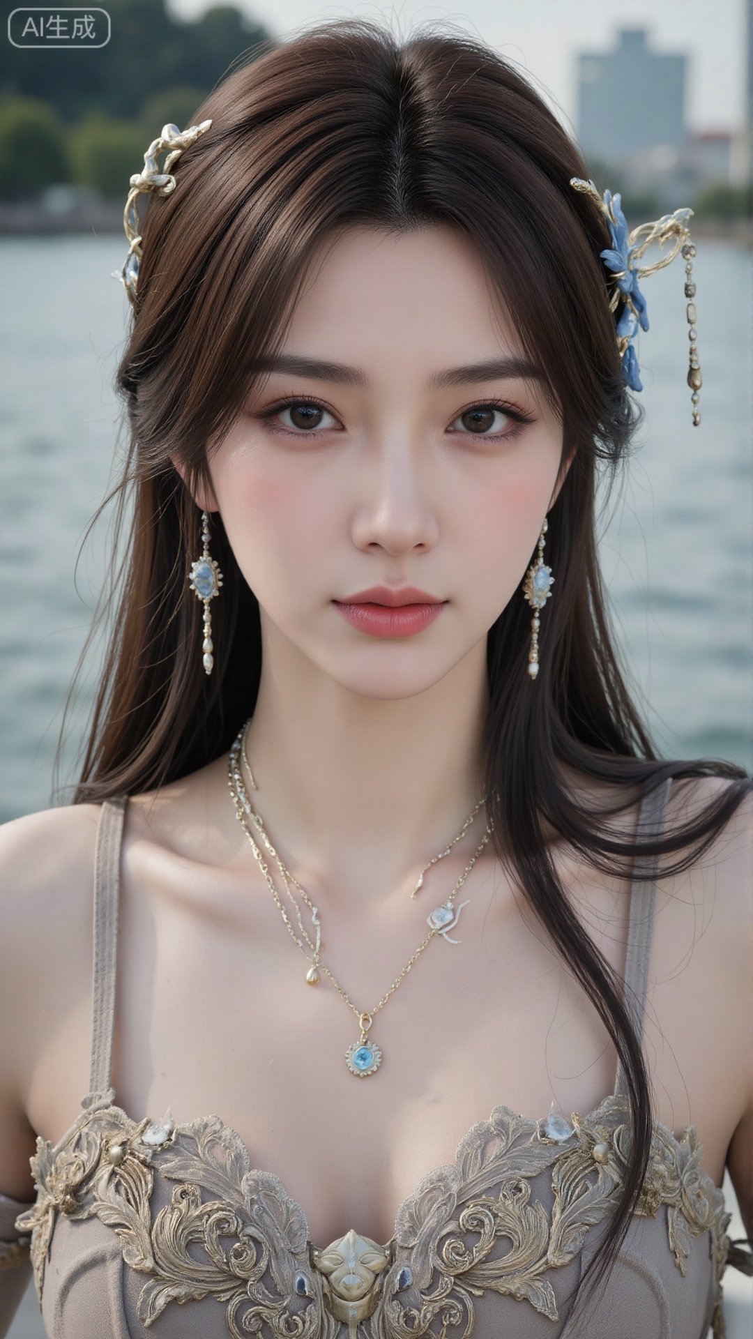  a asian woman, sexy long hair, blue eyes, charming and seductive temperament, distant close-up, golden ratio, movie texture, minimalism, high-end feeling, strong contrast between cold and warm, outdoor scenes, 