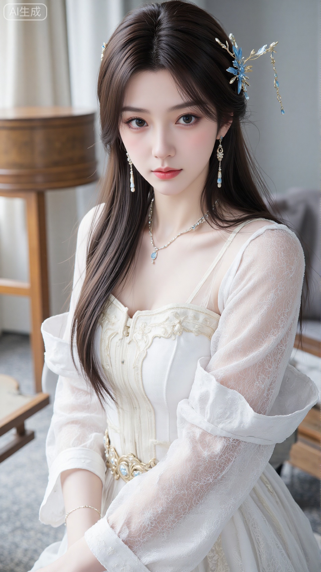 1girl, long hair, white dress, solo, dress, jewelry, earrings, hair bun, hair ornament, mischevious smile, perfect body, scenery, sharp focus, best quality, masterpiece, detailed outfit, illustration, perfect eyes, finely detailed beautiful anime eyes, realistic skin, intricate details, best lighting, depth of field, ultra high resolution,cowboy_shot