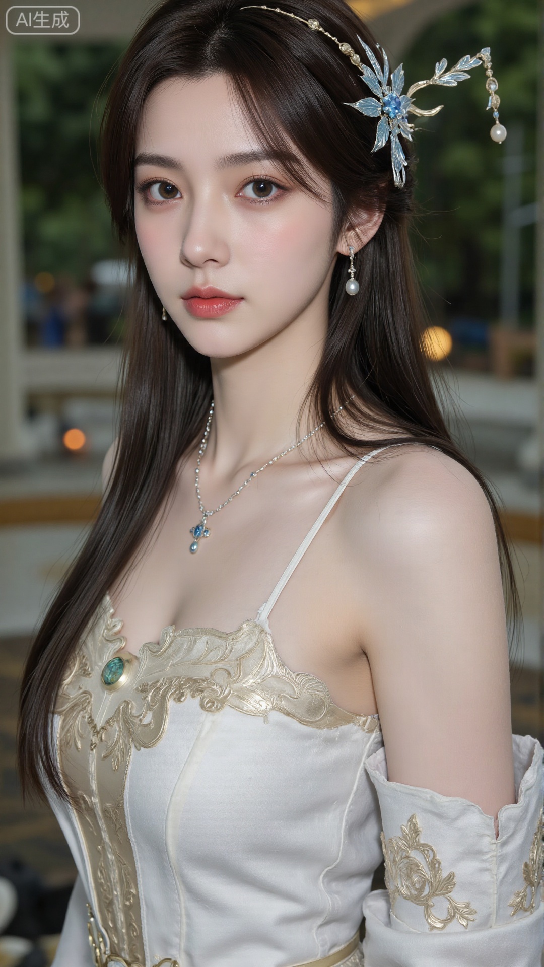 1girl, solo, long hair, breasts, looking at viewer, blush, open mouth, bangs, brown hair, hair ornament, dress, bare shoulders, brown eyes, medium breasts, collarbone, flower, parted lips, hair flower, water, white dress, sleeveless dress, leaf, plant, red flower, partially submerged, hibiscus
,backlighting,depth of field,cinematic lighting,light particles,lens flare, (artist:quasarcake:0.8),extreme aesthetic,(wlop:0.6),masterpiece,best quality,good quality,newest,very aesthetic,absurdres,Visual impact,A shot with tension, ultra-high resolution,32K UHD,sharp focus,best-quality,masterpiece,Emotionalization,unconventional supreme masterpiece,masterful details,temperate atmosphere,with a high-end texture,in the style of fashion photography, (alzi xiaomI:1.2),(mogumo:1.1),(good hands, nice hands:0.5),giving the poster a dynamic and visually striking appearance,impactful picture,offcial art,colorful,movie perspective, masterpiece,best quality,amazing quality,very aesthetic,absurdres,best quality,newest