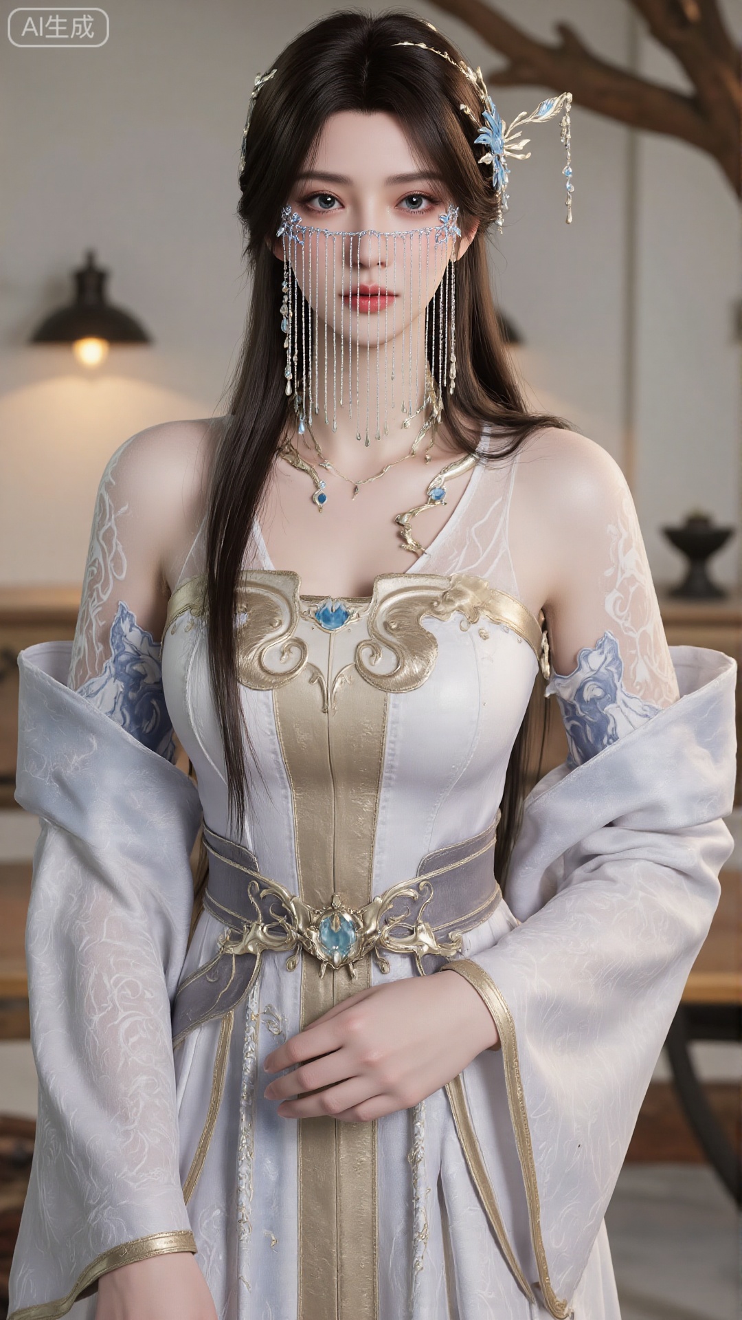 1girl, long hair, white dress, solo, dress, jewelry, earrings, hair bun, hair ornament, mischevious smile, perfect body, scenery, sharp focus, best quality, masterpiece, detailed outfit, illustration, perfect eyes, finely detailed beautiful anime eyes, realistic skin, intricate details, best lighting, depth of field, ultra high resolution,sitting