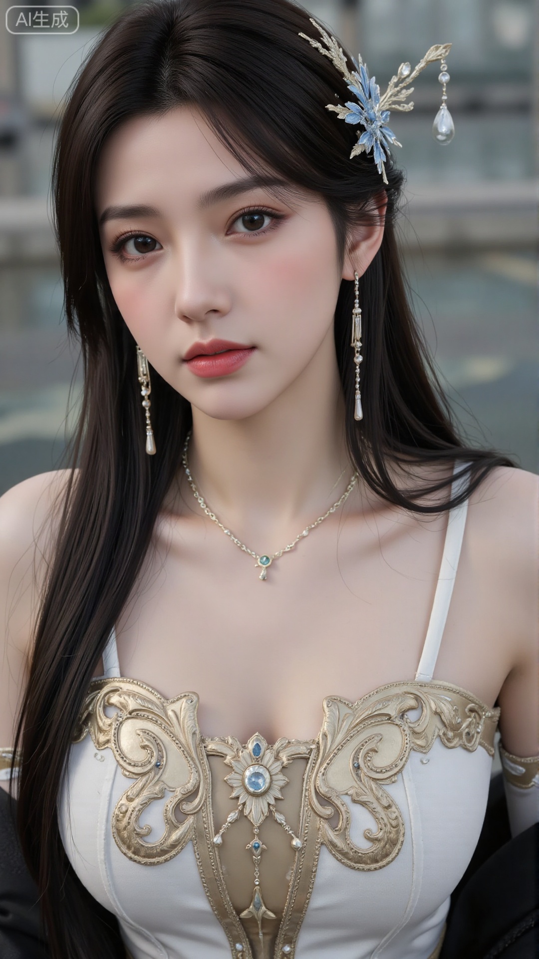  a asian woman, sexy long hair, blue eyes, charming and seductive temperament, distant close-up, golden ratio, movie texture, minimalism, high-end feeling, strong contrast between cold and warm, outdoor scenes, 