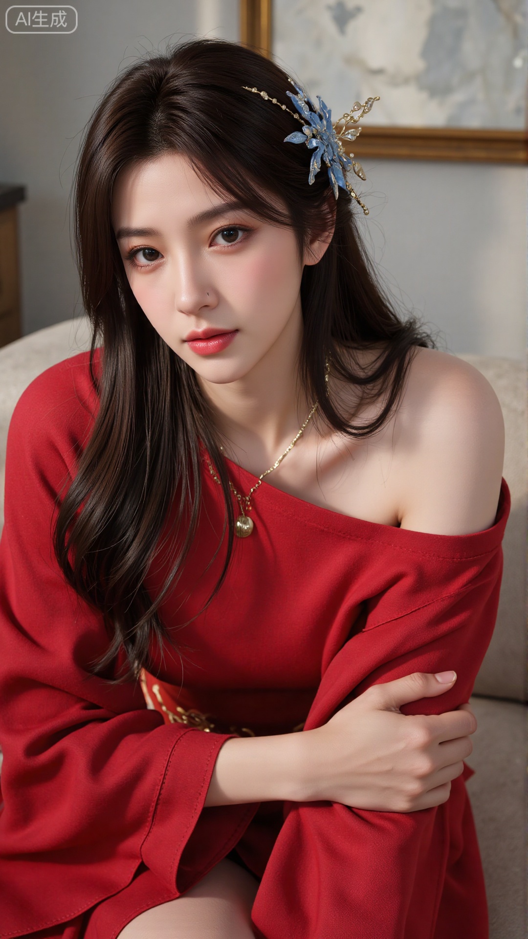 A stunning 18-year-old Chinese woman wraps herself in a vibrant red scarf, posing seductively against a sleek, modern backdrop. Soft, golden lighting accentuates her porcelain complexion and luscious locks. The camera captures the dramatic play of shadows on her features as she confidently flaunts her curves.