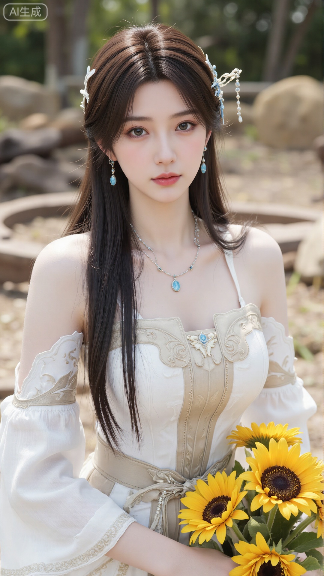 1girl, solo, long hair, brown hair, long sleeves, dress, ribbon, bare shoulders, jewelry, flower, earrings, outdoors, lying, white dress, book, sunflower, ,Light, shadow ,Illustration, lightshadow,shadow,masterpiece,best quality,good quality,very aesthetic,A shot with tension,impactful picture,offcial art,movie perspective,masterpiece,facing the lens,best quality,very aesthetic,extremely delicate and beautiful,huge filesize,amazing quality,solo_focus,depth_of_field,sunlight,reflective,masterful details,intricate details, high contrast,natural skin texture,soft light,sharp,ultra-high resolution,32K UHD,