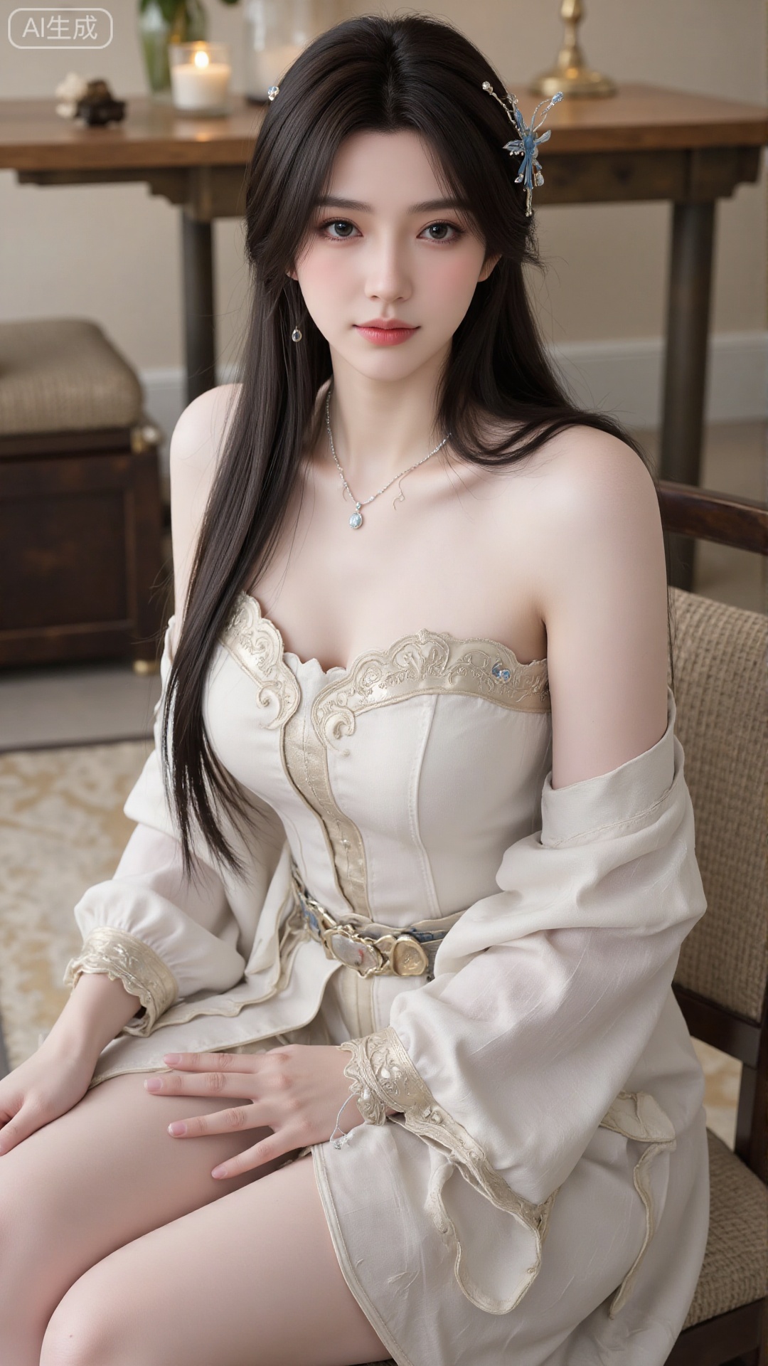 1girl, solo, long hair, looking at viewer, smile, sitting, collarbone, off shoulder, sweater, messy hair, realistic