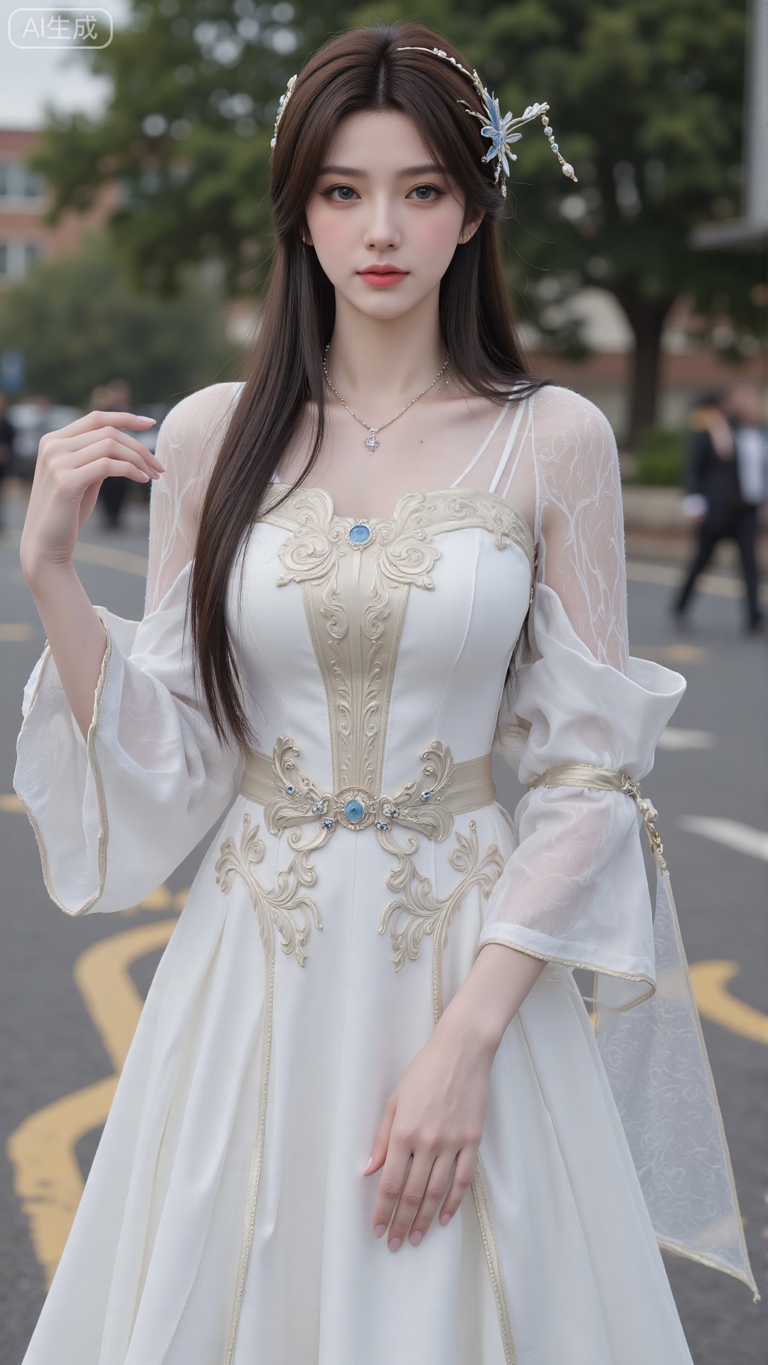 1girl, white wedding dress,looking at viewer, mischevious smile, perfect body, scenery, sharp focus, best quality, masterpiece, detailed outfit, illustration, perfect eyes, finely detailed beautiful anime eyes, realistic skin, intricate details, best lighting, depth of field, ultra high resolution, cowboy_shot, bride