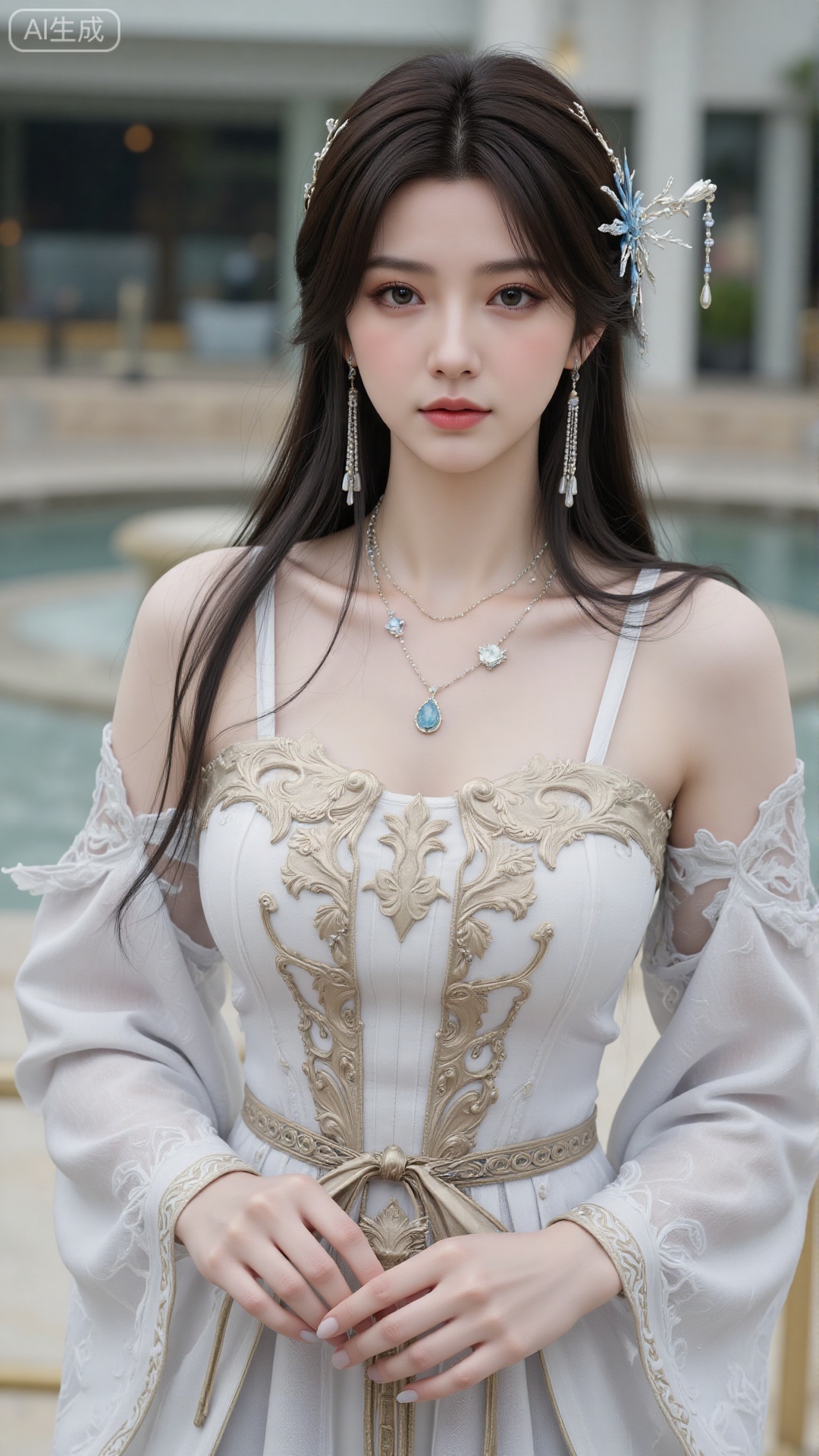 1girl, solo, long hair, breasts, black hair, hair ornament, holding, cleavage, bare shoulders, closed mouth, closed eyes, outdoors, off shoulder, lips, chinese clothes, hand fan, realistic, holding fan, hanfu