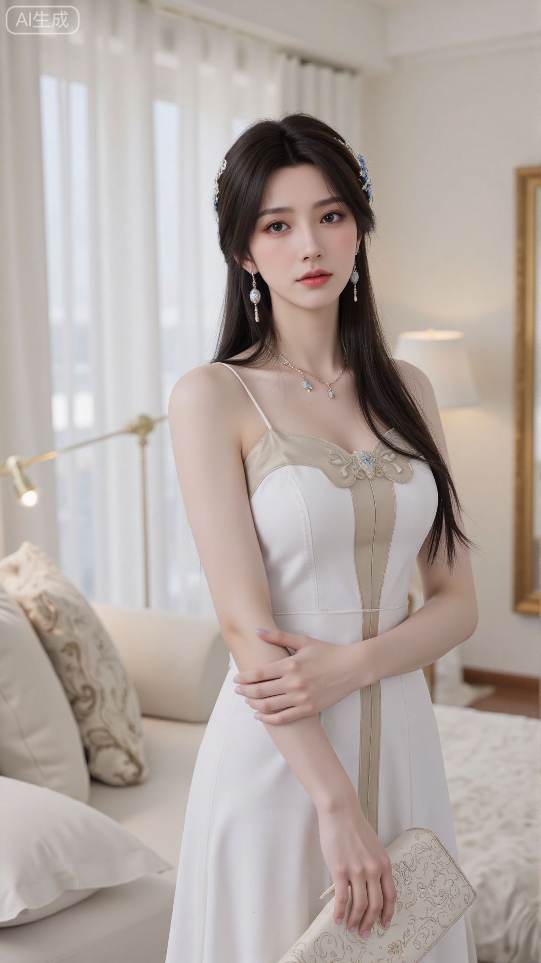 An elegant indoor advertising photograph showcasing a model with long, flowing hair and a graceful posture, wearing a simple yet elegant slip dress. Her pose is effortlessly chic and sophisticated, conveying timeless elegance. The setting is a minimalist bedroom with soft, diffused lighting and neutral colors. The overall mood is refined and timeless, emphasizing the classic beauty and versatility of the dress. High resolution, 8k, soft lighting, hyperrealistic, photorealistic, detailed textures, shallow depth of field, glamour photography, editorial photography, advertisement photography, trending on artstation.