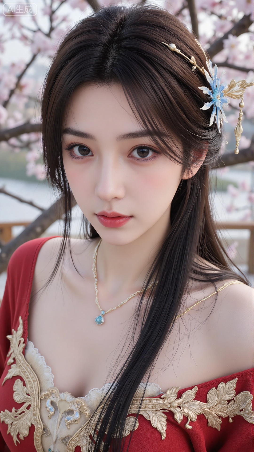 Ancient beauty, black hair, low saturation, gorgeous light and shadow, elegant temperament, ultra-clear image quality and high details, finely depicted hair, fair skin, extreme ultra-definition, staggered light and shadow, temperament, oc rendering, ultra-high definition image quality, rich details, strong sense of sophistication, hazy, extreme ultra-definition, extreme details, sense of atmosphere, cold, eighteen years old, eyes narrow and upward, skin like jade, high quality, extreme details, the skin of the Tang Dynasty in the 32K picture is smooth and translucent. The hair on the temples is brushing against the face, and the temperament is coquettish and shy. She is wearing a red and white fur-edged embroidered patterned cloak, and her clothes are gorgeous. The background is a winter scene with plum blossoms in full bloom and snowflakes falling. The light and shadow form a mottled effect on her body through the branches and leaves. The picture uses an overhead wide-angle perspective for a full-body close-up, with fresh colors, focusing on depicting the girl's elegant posture and moving expression.