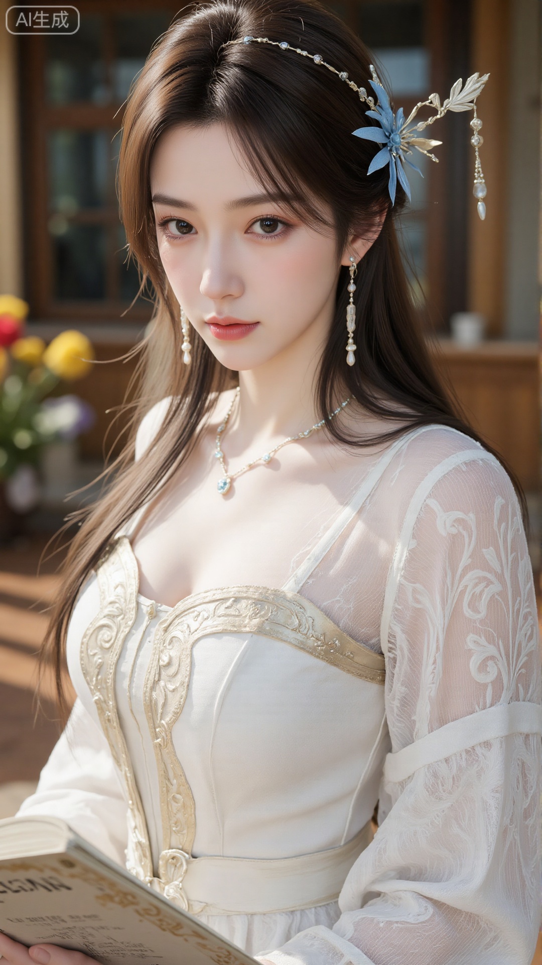 1girl, solo, long hair, brown hair, long sleeves, dress, ribbon, bare shoulders, jewelry, flower, earrings, outdoors, lying, white dress, book, sunflower, ,Light, shadow ,Illustration, lightshadow,shadow,masterpiece,best quality,good quality,very aesthetic,A shot with tension,impactful picture,offcial art,movie perspective,masterpiece,facing the lens,best quality,very aesthetic,extremely delicate and beautiful,huge filesize,amazing quality,solo_focus,depth_of_field,sunlight,reflective,masterful details,intricate details, high contrast,natural skin texture,soft light,sharp,ultra-high resolution,32K UHD,