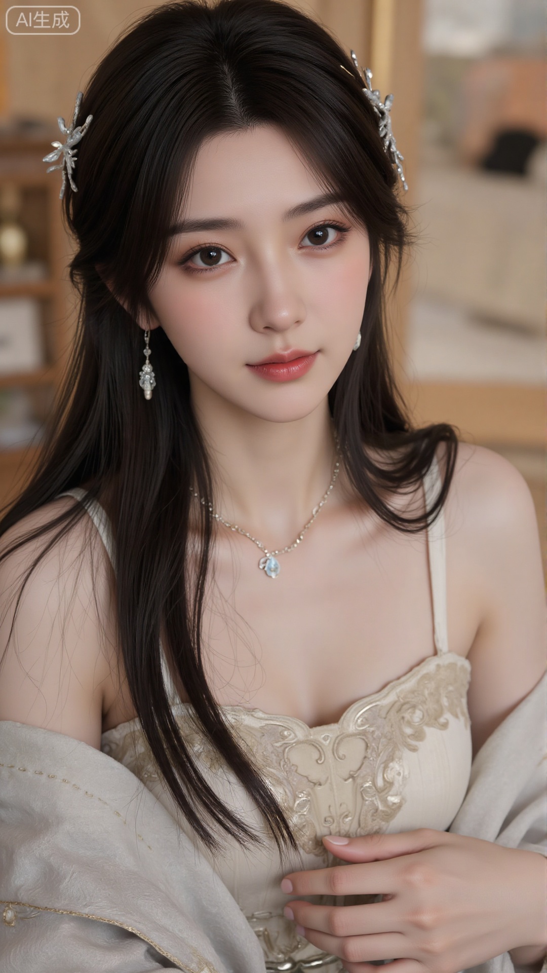 1girl, solo, long hair, looking at viewer, smile, sitting, collarbone, off shoulder, sweater, messy hair, realistic