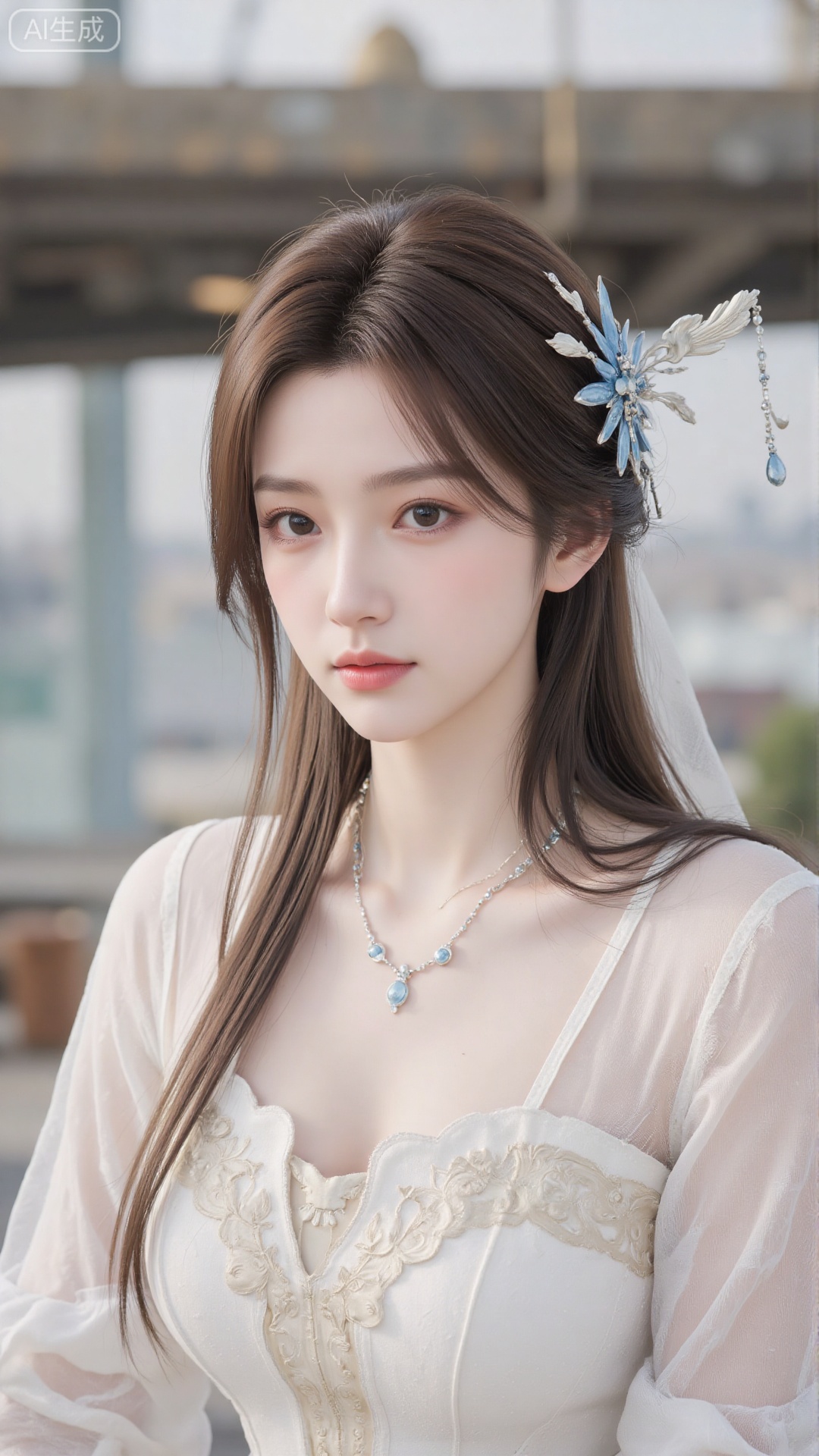 1girl, long hair, white dress, solo, dress, jewelry, earrings, hair bun, hair ornament, mischevious smile, perfect body, scenery, sharp focus, best quality, masterpiece, detailed outfit, illustration, perfect eyes, finely detailed beautiful anime eyes, realistic skin, intricate details, best lighting, depth of field, ultra high resolution,sitting