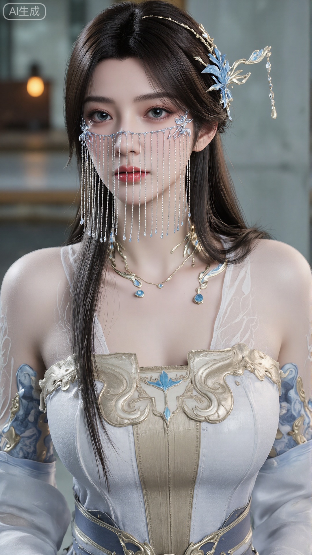 1girl, long hair, white dress, solo, dress, jewelry, earrings, hair bun, hair ornament, mischevious smile, perfect body, scenery, sharp focus, best quality, masterpiece, detailed outfit, illustration, perfect eyes, finely detailed beautiful anime eyes, realistic skin, intricate details, best lighting, depth of field, ultra high resolution,sitting