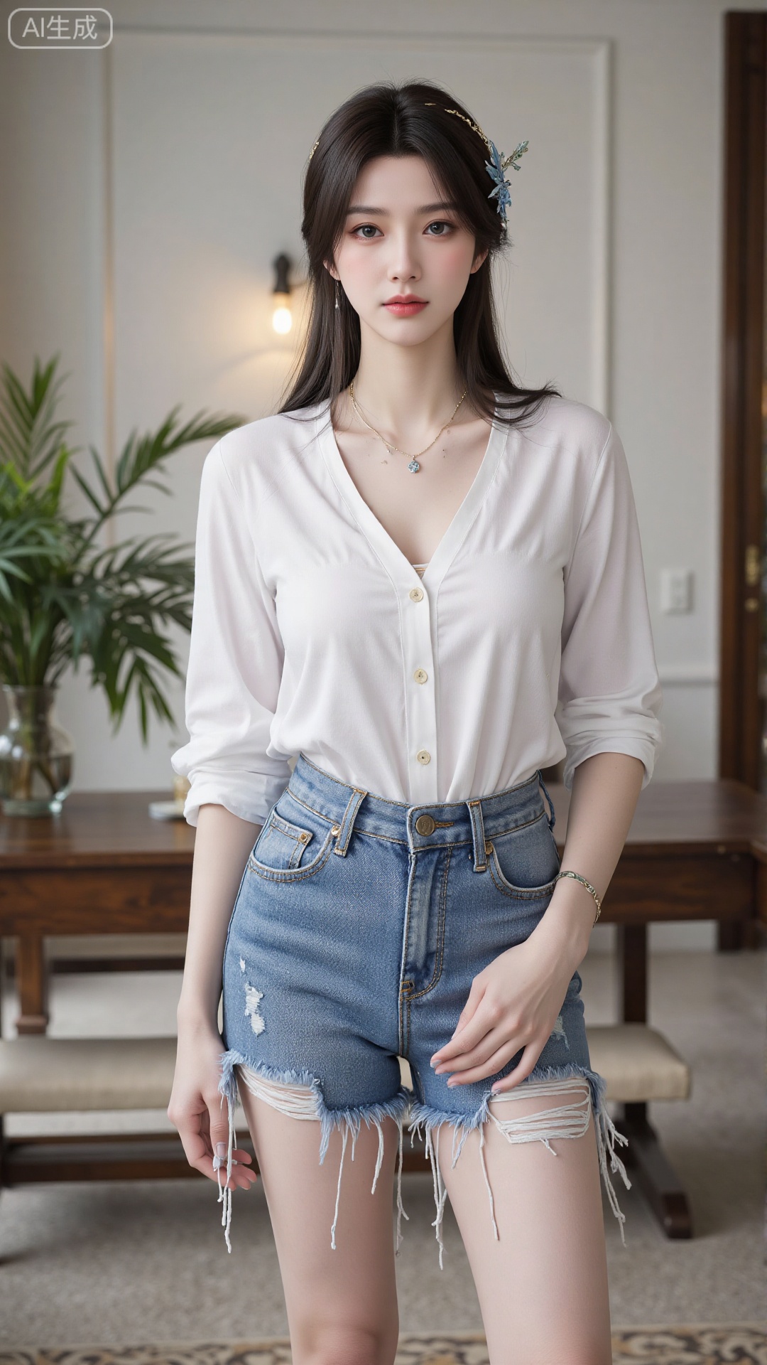 White t-shirt with ”Tim_Yi“ written on it, jeans shorts,1girl