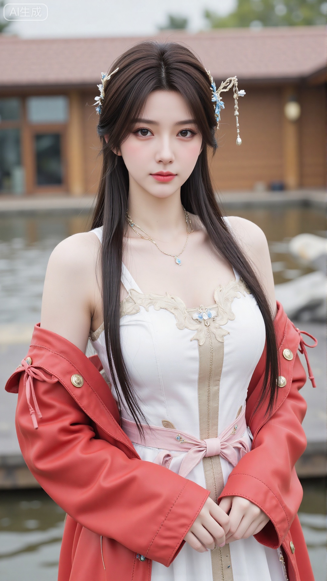 1girl,solo,jewelry,flower,hair flower,hair ornament,necklace,realistic,brown eyes,looking at viewer,dress,blurry background,twin braids,blurry,white dress,long hair,upper body,breasts,pink bow,red jacket,bare shoulders,lips,collarbone,outdoors,cleavage,large natural breast,soft breasts,huge Breasts
