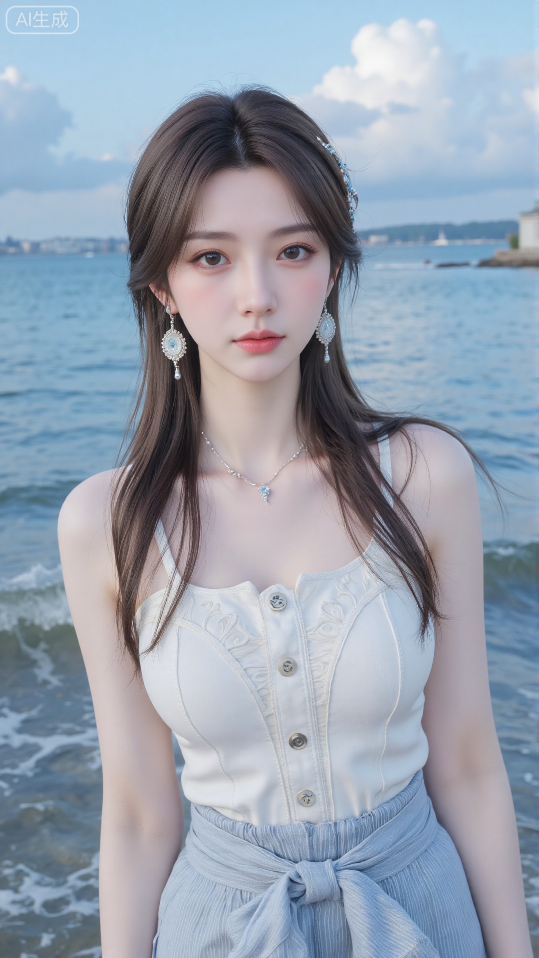 Korean girl, single, showing navel, long hair, thighs, wearing shirt, outdoors, looking at viewer, realistic style, with water and sky, daytime, fair thighs, white tube top, short top, sea, lips, blue sky, short sleeves, smile, clouds, dark eyes, big eyes Eyes, plump breasts, plump breasts, chest, looking at the audience, looking at the screen, bare shoulders, collarbone, standing in the sea, (((upper body red short-sleeved, short top)), (((wearing a translucent The white gauze skirt and blue swimming trunks with the school team logo)) were soaked in the water and were soaked.