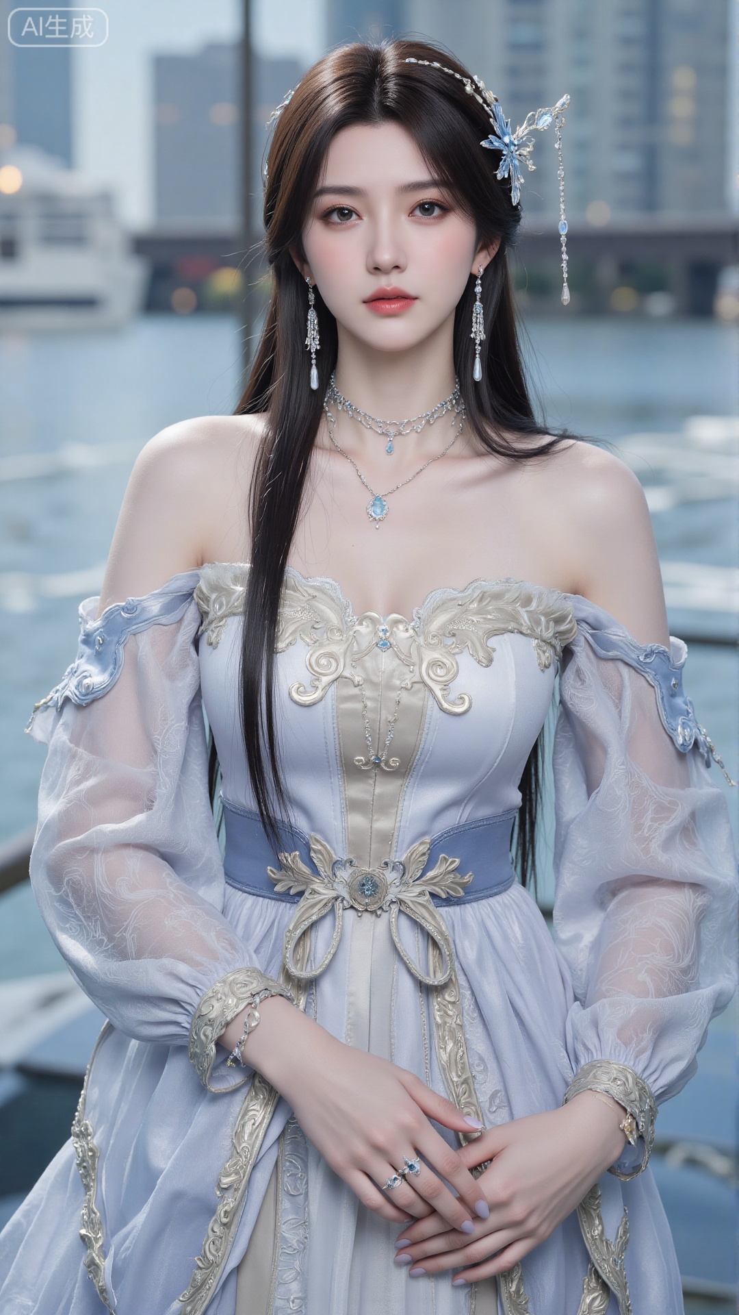 Very detailed face, extremely detailed eyes and face, blue eyes, (vacuum), 8K wallpaper, light leak, beautiful and detailed girl, extremely detailed CGUnity8K wallpaper, an extremely detailed and beautiful, beautiful and detailed eyes, masterpiece, best quality, Real photo level, (frontal shooting panoramic perspective), ( (Full body photo)), dynamic angle, dynamic pose, solo, ancient style silver hairpin with petals, blue sky and white clouds, (C cup), (huge round breasts), slender legs, super good figure, stunning beauty, (whole body in the mirror) , (wearing Lolita nightgown), (light reflects the shadow of the body through the clothes),vacuum,bare and smooth