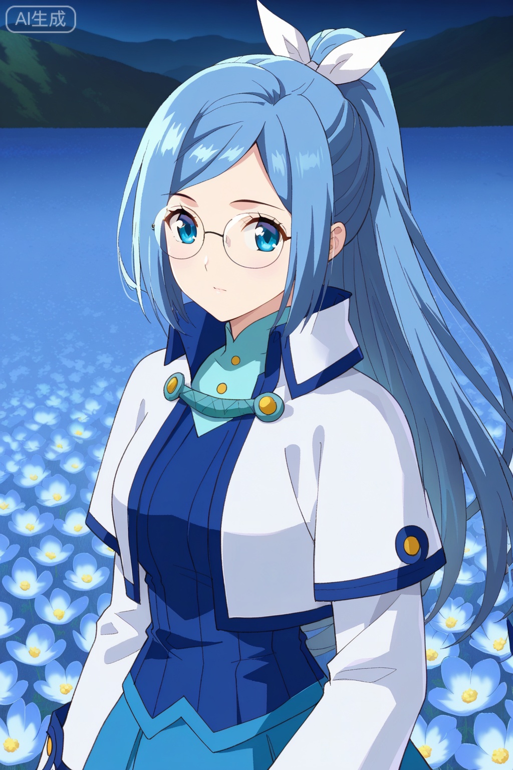 flower field,flower field,



upper body,looking at viewer,

叶欣蓝,masterpiece,best quality,official art,extremely detailed CG unity 8k wallpaper,1girl, solo, blue hair, long hair, ponytail, hair ribbon, glasses, round glasses, blue eyes, anime stylemagic academy uniform, scholar, elegant, white and blue outfit, high collar, long sleeves, white sleeves, layered clothing, blue skirt, white robe, formal dress,