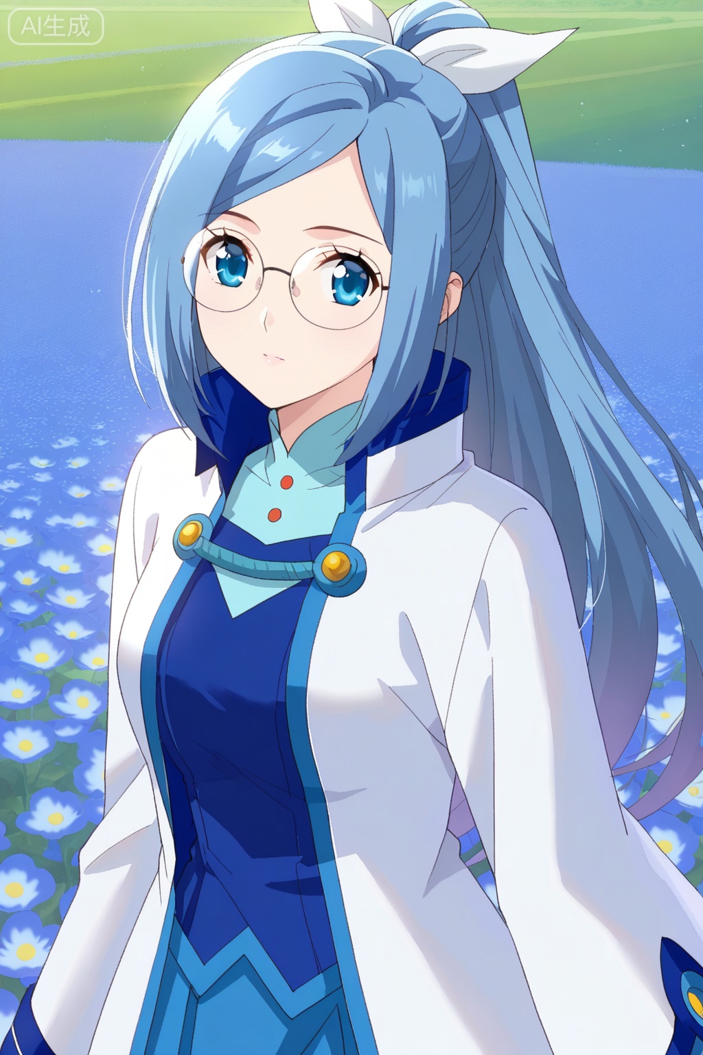 flower field,flower field,



upper body,looking at viewer,

叶欣蓝,masterpiece,best quality,official art,extremely detailed CG unity 8k wallpaper,1girl, solo, blue hair, long hair, ponytail, hair ribbon, glasses, round glasses, blue eyes, anime stylemagic academy uniform, scholar, elegant, white and blue outfit, high collar, long sleeves, white sleeves, layered clothing, blue skirt, white robe, formal dress,