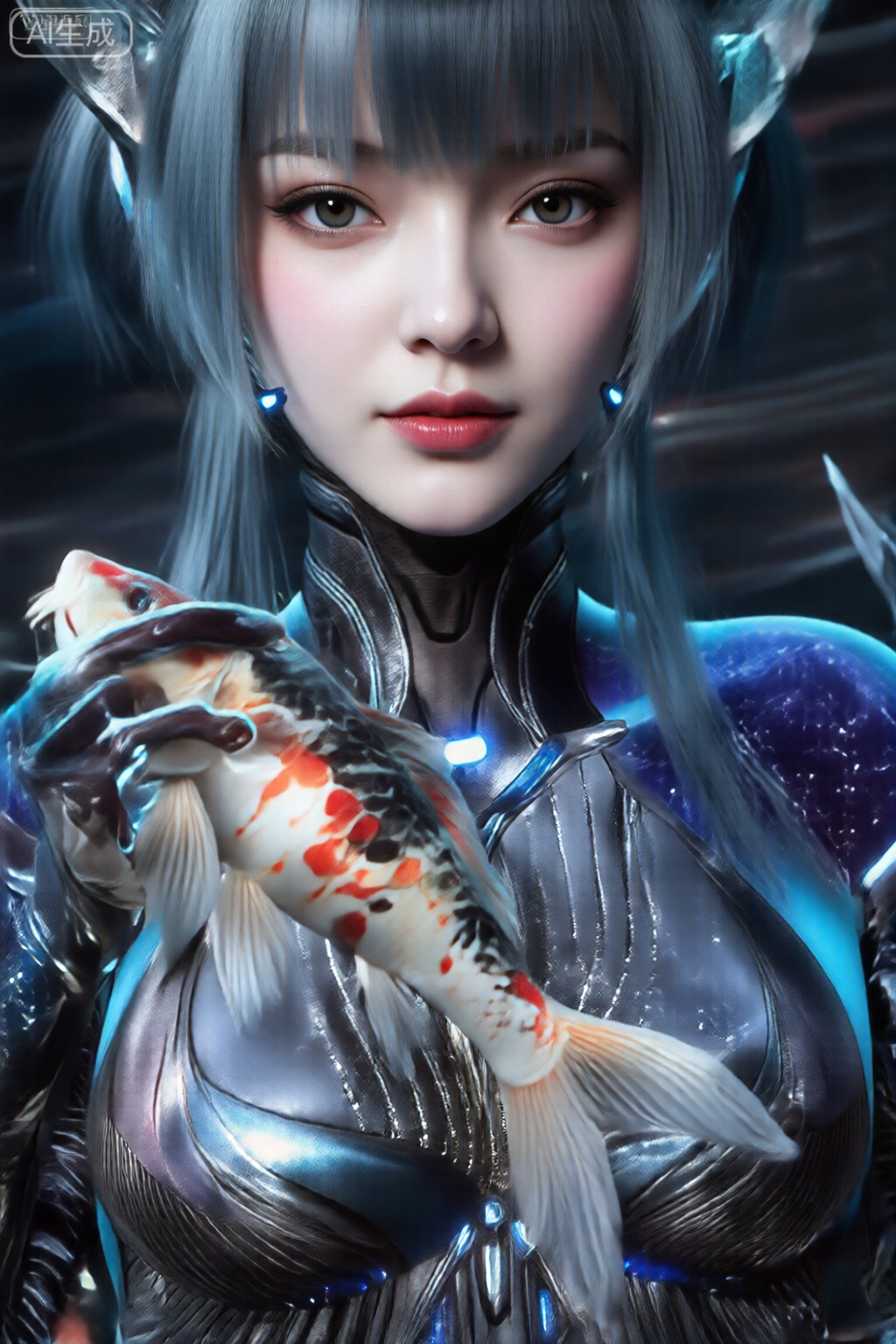 人物的眼睛很大,表情丰富,目光淡淡的,给人一种平静专注的感觉。脸部光滑,结构精致,嘴唇被涂成鲜红色,与图像其余部分的冷色调形成鲜明对比。 该角色穿着高科技、合身的套装,似乎由金属或合成材料制成。该套装主要是银色的,带有复杂的图案和线条,暗示着先进的技术,可能是盔甲或外骨骼。套装中嵌入了发光的蓝色灯光,特别是在颈部和胸部区域,增添了未来主义美感。 角色的手中,有一条巨大的、充满活力的锦鲤。这条鱼的图案引人注目,有白色、橙色和黑色斑纹,鳞片非常细致,外观栩栩如生。鱼鳍展开,看起来在运动,就好像被角色轻轻地握住或摇篮一样。 背景偏暗且有些抽象,带有一丝星空或类似太空的环境,与角色的未来主题和整体形象相得益彰。灯光非常引人注目,高光和阴影强调了角色和鱼的纹理和细节。整体构图充满活力且具有视觉吸引力,将科幻元素与自然美景融为一体。