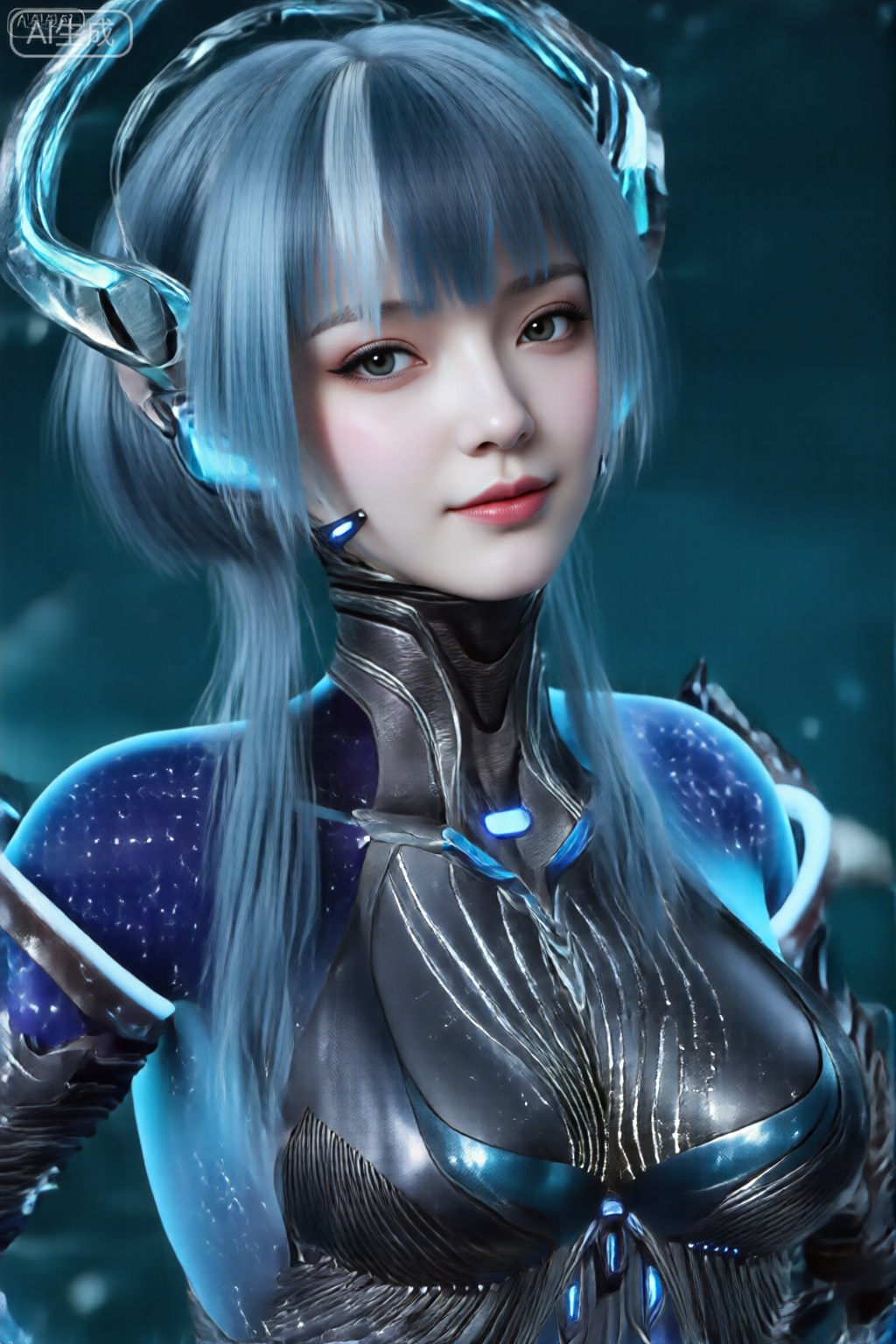 该图像描绘了一个具有未来主义、科幻美学的女性角色。她有一头浅蓝色的长发,直发过肩,有几缕头发垂在脸边。她的眼睛很大,表情丰富,目光柔和。角色皮肤白皙,长相清秀、青春。 她穿着一套合身的高科技套装,主要是黑色,带有金属银色和蓝色点缀。该套装具有复杂的发光蓝色图案,类似于电路或能量路径。这套衣服有一个高领,包裹着她的脖子,里面融入了各种机械和科技元素,比如管子和金属板。 她的头上有一对类似喇叭的结构,同样是金属材质,并发出蓝色的光芒,增添了未来感。图像的背景是深蓝色和青色的渐变,带有一些模糊的光点,暗示着太空或高科技环境。总体印象是来自科幻小说或奇幻背景的角色,可能是战士或技术先进的生物。