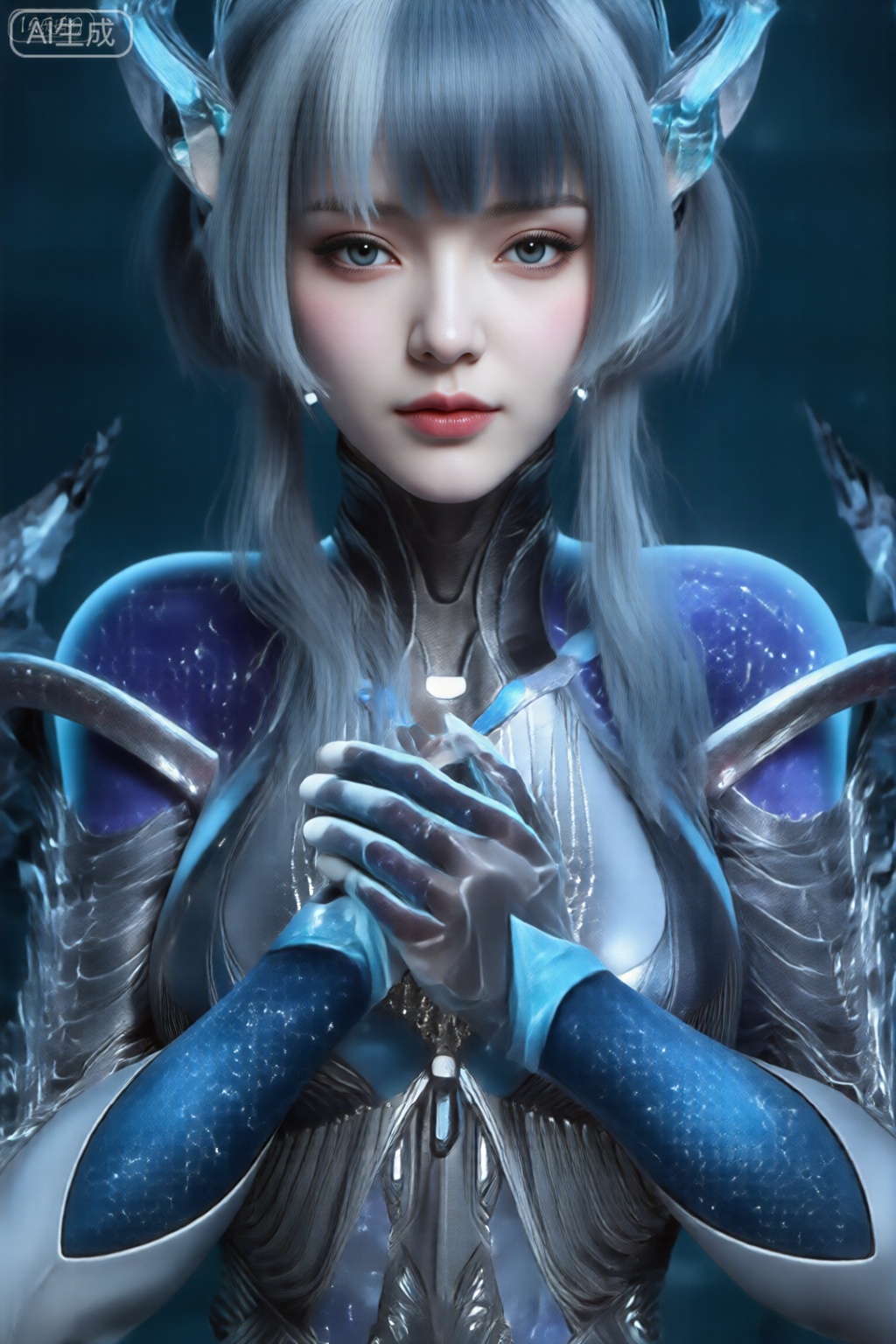 该图像展示了一个具有空灵、超凡脱俗的外观的人物。这个角色有一头飘逸的银色长发,从背上垂下来,带有微妙的发光亮点,给人一种冰冷的感觉。他们的眼睛很大,表情丰富,呈引人注目的蓝色,与苍白的肤色形成鲜明对比。五官精致匀称,小嘴涂着柔和的红色调,精致而精致。 该人物穿着合身的金属套装,似乎是由反光水晶材料制成的。该套装具有复杂的棱角设计和从肩膀延伸出来的锋利的翼状突起,增添了角色的气势和威严。套装的胸部区域有一个突出的几何图案,可以捕捉光线,增强整体的超凡脱俗感。 角色的双手在身前握在一起,手指交叉,做出一种暗示沉思或崇敬的姿势。手套光滑且具有金属质感,与套装的其他部分相匹配,并具有光滑、抛光的表面。 背景是深蓝色,带有类似雪花或冰晶的微妙发光颗粒,增强了寒冷、神秘的气氛。整体构图以人物为中心,将观者的注意力吸引到其平静而有力的神态上。灯光柔和但引人注目,突出了金属表面和人物精致的特征,营造出深度和维度感。图像散发出一种平静的力量和超凡脱俗的美感。