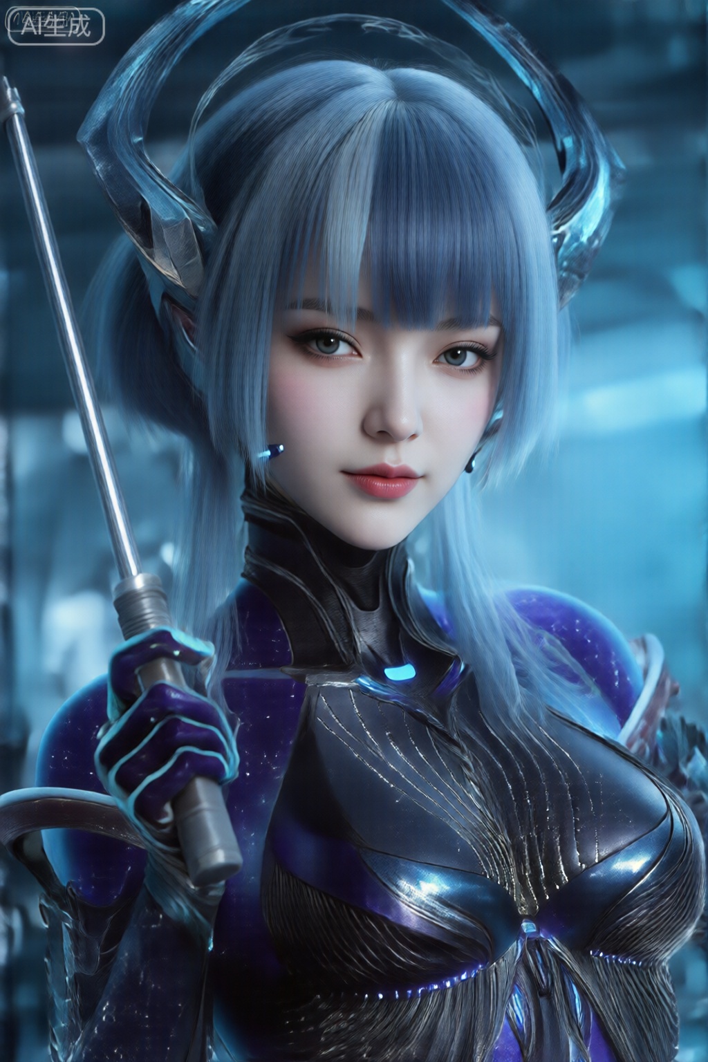图像中的女性人物皮肤苍白,银蓝色的头发齐肩直发。她有一对巨大的、弯曲的金属触角或角,从她的头部两侧延伸出来。她的眼睛又大又浅,鼻子又小又精致,嘴唇丰满,略带粉红色。 她穿着一套合身的高领金属套装,主要颜色为深蓝色和紫色,带有复杂的反光图案和发光的蓝色点缀。该套装采用未来派设计,线条锐利,外观时尚、装甲。她的右手拿着一根细长的金属棒或警棍,手指上戴着带有蓝色和白色细节的金属手套。 背景是一个模糊的高科技环境,带有蓝色和白色的灯光,让人联想到科幻或赛博朋克的背景。整体美感时尚、未来、超凡脱俗。