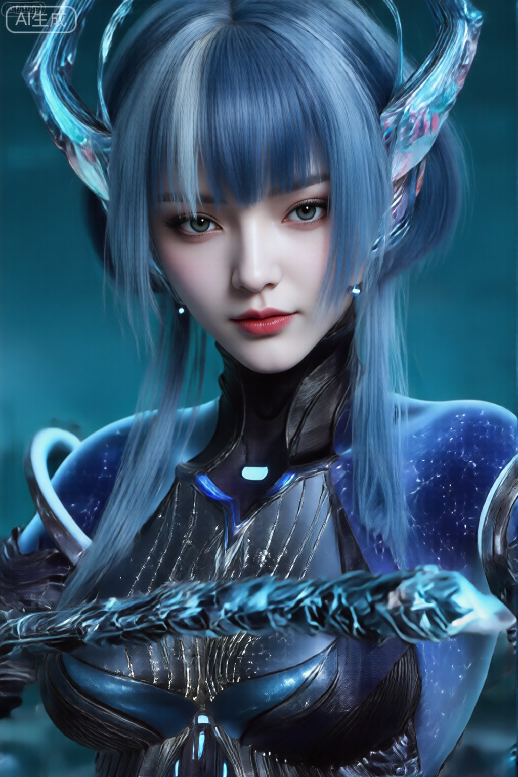 该图像描绘了一个高度细致的未来派角色,拥有银蓝色的长直发。角色的头发在头部两侧设计有两个巨大的、弯曲的、角状的结构,它们是半透明的,具有发光的虹彩品质,呈现出蓝色和粉色的色调。该角色拥有一双富有表情的大眼睛和红唇,与冷色调的头发和服装形成鲜明对比。 该角色穿着合身的高科技套装,主要颜色为深蓝色和黑色,带有复杂的图案和纹理,暗示着先进的材料和技术。该套装具有金属和发光元素,包括发出柔和蓝光的线条和形状,增强了未来主义美感。角色的肩膀上装饰着类似盔甲的镀层,手臂和胸部区域有发光的点缀。 角色的右手拿着一根同样发出明亮蓝光的法杖或武器,与整体配色方案相匹配。背景是青色和蓝色的渐变,具有稍微模糊的效果,可以将焦点保持在角色上。总体印象是一个强大的、超凡脱俗的存在,可能是一个战士或法师,背景设定在科幻小说或奇幻宇宙中。