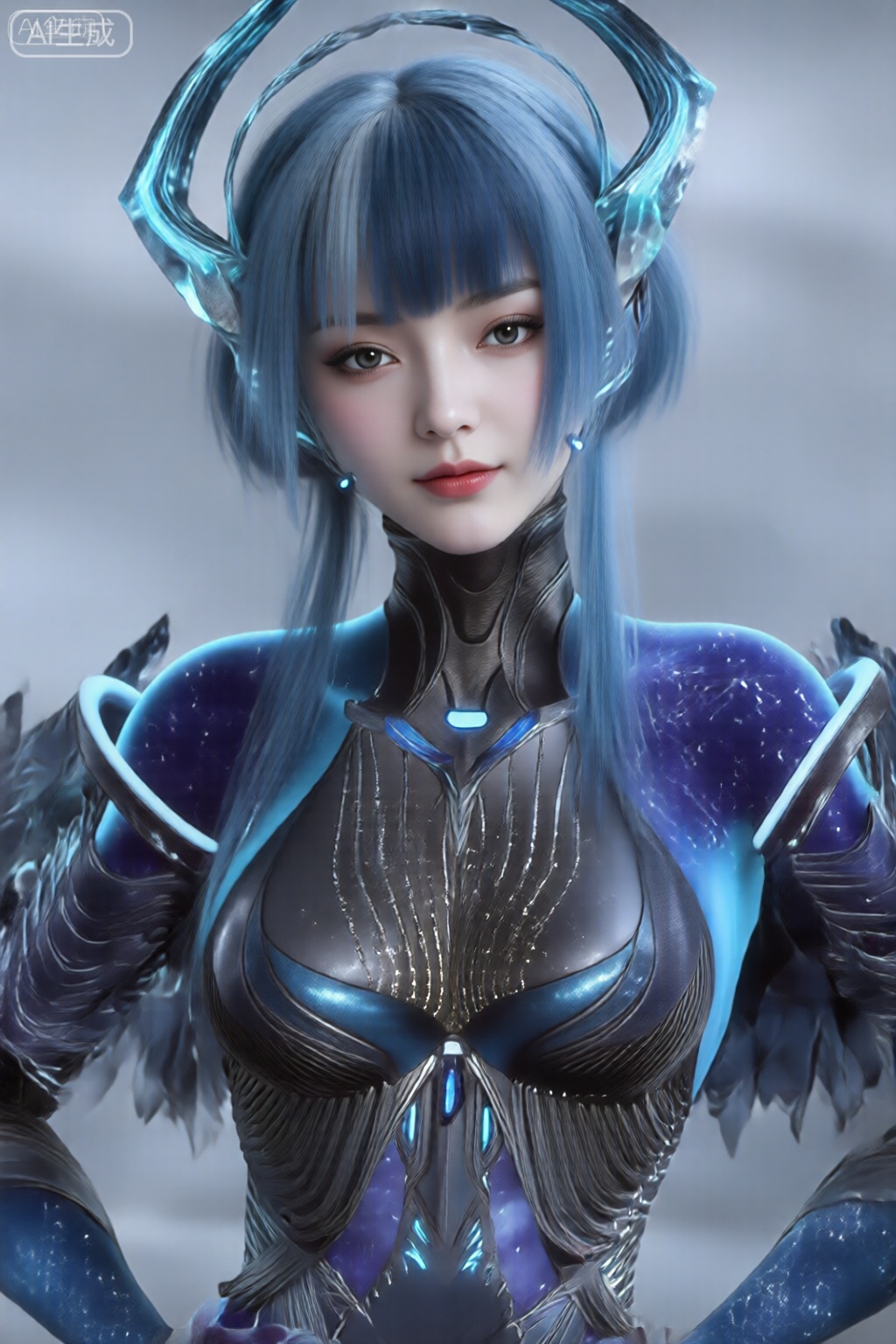 该图像展示了一个数字渲染的女性形象,具有未来主义、科幻美学。她有一头长而直的蓝色头发,垂过肩膀,遮住了部分脸。她的五官精致,杏仁形的大眼睛,小鼻子,丰满的嘴唇。 该角色穿着合身的金属套装,主要色调为深灰色和深蓝色,带有复杂的图案和发光的蓝色口音。这套衣服有一个高领,一直延伸到她的脖子,时尚的、几乎像盔甲一样的设计包裹着她的躯干和手臂。套装的胸部区域细节特别丰富,胸部下部中央镶嵌着一颗发光的蓝色宝石或水晶。 她的肩膀上装饰着翅膀状结构,具有羽毛纹理和深蓝色,几乎宇宙般的外观,其中嵌入了小星星或颗粒。她的头上戴着一对巨大的弯曲角或鹿角,它们也发出蓝色的光,增添了她外表的超凡脱俗的感觉。 背景是柔和、模糊的灰色渐变,这有助于强调角色和她细致的套装。总体印象是来自科幻小说或奇幻宇宙的强大、空灵的存在。该图片左上角标注“AI生成”,表明该图片是由人工智能生成的。