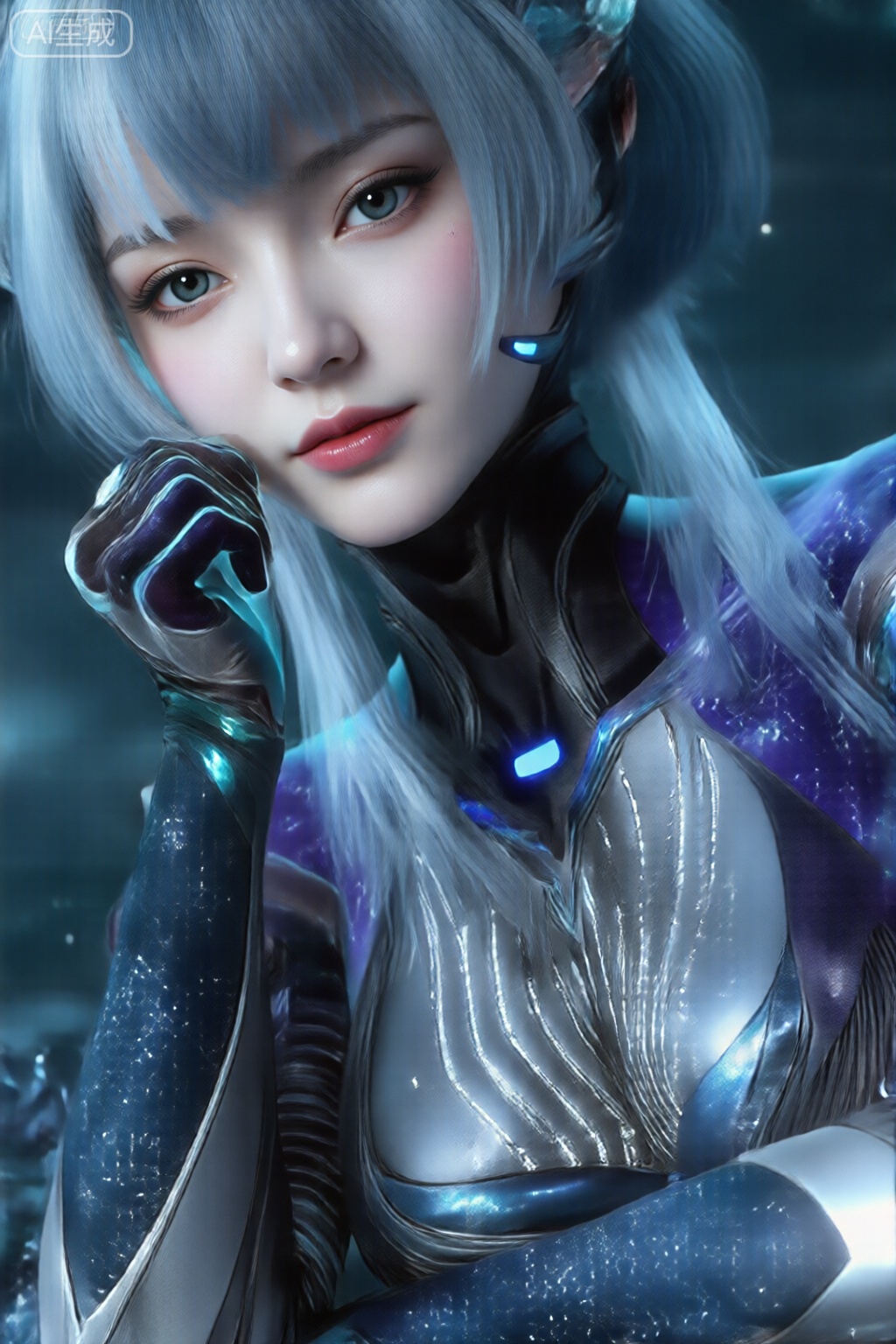 该人物拥有苍白、光滑、明亮的皮肤,以及引人注目的大眼睛,带有柔和的蓝色色调。人物的头发又长又直,呈银白色,垂落在肩膀上。该人物穿着时尚、合身的金属套装,似乎是由高级材料制成的,具有高领和发光的蓝色线条和节点的复杂图案。该套装具有反光、几乎液体状的表面,并嵌入灯光,赋予其高科技外观。人物姿势轻松,一只手轻轻触碰下巴,表现出若有所思或沉思的表情。背景是一个充满星星的宇宙空间,带有深蓝色和紫色,增强了图像的未来主义和超凡脱俗的氛围。