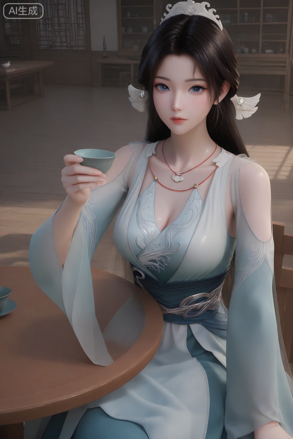 songyu, 1girl, solo, long hair, looking at viewer, blue eyes, black hair, hair ornament, dress, holding, closed mouth, blurry background, shiny hair, collarbone, medium breasts, jewelry, sitting, indoors, white dress, necklace, cup, clothing cutout, sash, blue dress, table, tiara, holding cup, shoulder cutout