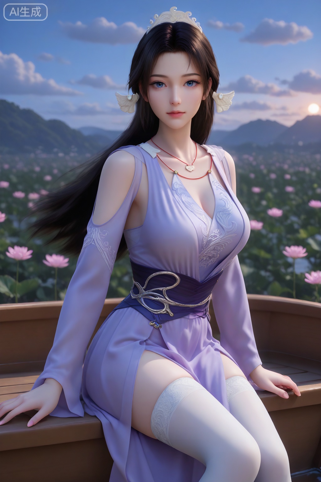 songyu, 1girl, solo, long hair, looking at viewer, blue eyes, black hair, long sleeves, hair ornament, dress, closed mouth, jewelry, blurry background, medium breasts, shiny hair, collarbone, flower, outdoors, sky, sunlight, cloud, sunset, necklace, clothing cutout, purple dress, night, tiara, realistic, shoulder cutout,cowboy_shot,
white thighhighs, looking at viewer,
sitting, sitting in a boat,
perfect eyes, long eyelashes,

aged_up, mature female