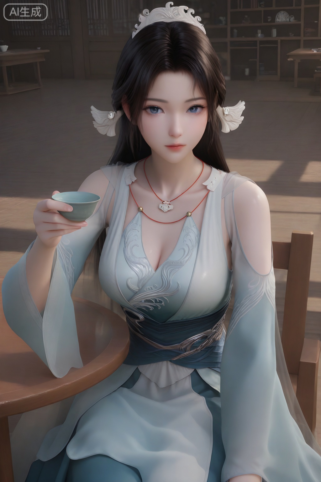 songyu, 1girl, solo, long hair, looking at viewer, blue eyes, black hair, hair ornament, dress, holding, closed mouth, blurry background, shiny hair, collarbone, medium breasts, jewelry, sitting, indoors, white dress, necklace, cup, clothing cutout, sash, blue dress, table, tiara, holding cup, shoulder cutout