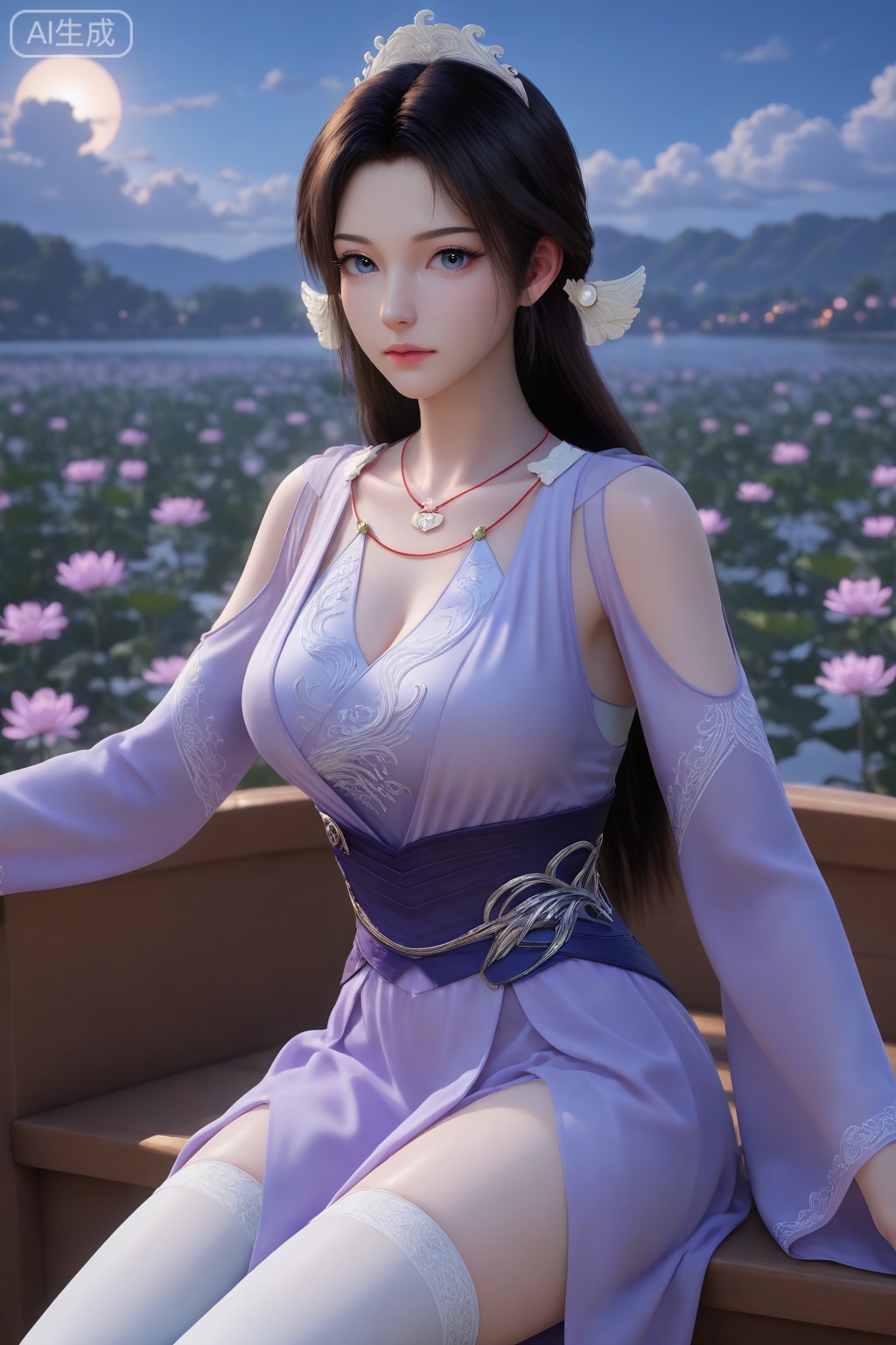 songyu, 1girl, solo, long hair, looking at viewer, blue eyes, black hair, long sleeves, hair ornament, dress, closed mouth, jewelry, blurry background, medium breasts, shiny hair, collarbone, flower, outdoors, sky, sunlight, cloud, sunset, necklace, clothing cutout, purple dress, night, tiara, realistic, shoulder cutout,cowboy_shot,
white thighhighs, looking at viewer,
sitting, sitting in a boat,
perfect eyes, long eyelashes,