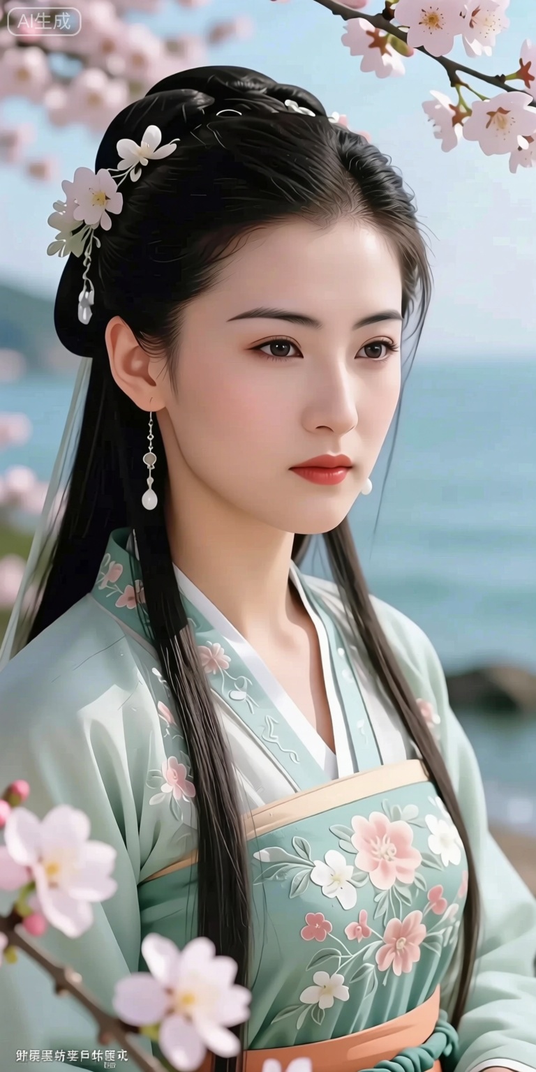 by arutera, portrait, photorealistic,amazing quality,highres, stunning color, radiant tones, best lighting and shadow, ultra-detailed, amazing illustration, an extremely delicate and beautiful,(score_9,score_8_up,score_7_up,score_6_up,score_5_up), ancient chinese style, Starting from tomorrow, be a happy person. I have a house, facing the sea, with spring warmth and blooming flowers. From tomorrow, What the flash of happiness told me,I will tell everyone. Give each river and each mountain a warm name. Strangers, I also bless you. May you have a bright future. May you and your lover end up together. May you find happiness in the mortal world. I only wish to face the sea, with spring warmth and blooming flowers.