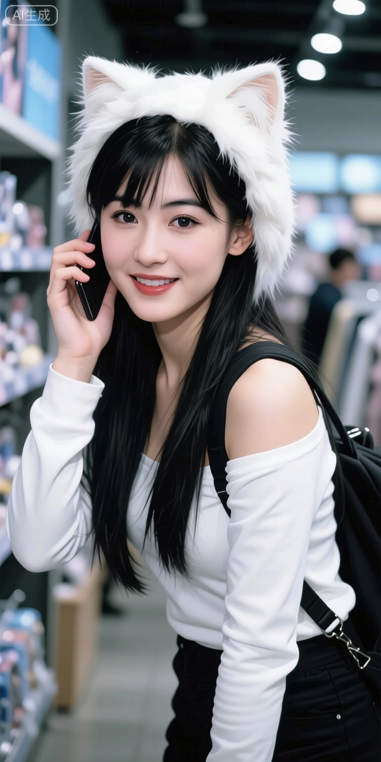 Masterpiece, the best quality, high quality, (colorful) , (huge breasts:1.4),,(black hair:1.331),(long legs:1.331), Official art, depth of field, lighting, blurred background, best shadows, shiny skin, cinematic lighting, ray tracing, amazing, very aesthetics, absurdres, beast quality, detailed, latest, 8K, HDR, masterpiece, best quality, high quality, (color), huge breasts (black hair: 1.331), (long legs: 1.331), ((masterpiece)), (((best quality))), (ultra detailed), (best illustration), ( lighting, best shadows), (extremely delicate and beautiful)), (single ponytail high tied: 1.331), (halo:1331),(blue archive),, overexposed, color, light, fair skin A photo of a young Chinese woman in an anime or peripheral merchandise store: Main character: Appearance and styling: The center of the photo is a young Asian woman. She has long black hair and bangs, most notably her hair wearing a furry, off-white cat ear headdress on her head, which makes her look very cute with a cosplay or role-playing style. Her makeup looks delicate and she looks at the camera with a smile. Positions and expressions: Her posture is natural and relaxed, her body is slightly tilted, and one hand is raised to her cheek, as if imitating a phone call or just a playful pose. Her expression was sweet and friendly. Wearing: She wore a white long-sleeved top with printed patterns on the clothes, unique design, with a hollowed-out design on her shoulders, revealing one side of her shoulders. Black stripes and lace embellishments on the sleeves add to the style. She was carrying a black bag on her shoulder. Background and Environment: Location: She is in a brightly lit shop. Judging from the dazzling array of shelves and products in the background, this is likely to be an animation peripheral store, a trendy toy store or a cultural and creative product store. Product display: The shelves behind her are filled with various products, with exquisite packaging and bright colors. You can see some products related to anime characters such as cards, stands, and dolls. The shelves and merchandise are very neat. Lights and Ambient: The lighting in the store is very bright, with many linear tubes and downlights on the ceiling, creating a warm and modern feel. The color tone of the whole picture is warm, the atmosphere is relaxed and pleasant, full of youthful and popular atmosphere. Summary: This photo captures the moment a stylishly dressed young woman shopping or hanging out in a store full of anime and trendy elements. Her cat ear headdress is the highlight of the overall look, perfectly blending with the surrounding “two-dimensional” or pop culture themes to create a lively, fun and attractive visual effect. The composition of the photo combines the characters with the background well, not only highlighting the charm of the characters, but also showing the characteristics of the environment in which they are located.
