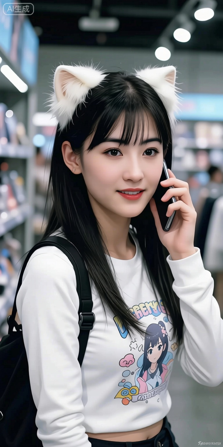 Masterpiece, the best quality, high quality, (colorful) , (huge breasts:1.4),,(black hair:1.331),(long legs:1.331), Official art, depth of field, lighting, blurred background, best shadows, shiny skin, cinematic lighting, ray tracing, amazing, very aesthetics, absurdres, beast quality, detailed, latest, 8K, HDR, masterpiece, best quality, high quality, (color), huge breasts (black hair: 1.331), (long legs: 1.331), ((masterpiece)), (((best quality))), (ultra detailed), (best illustration), ( lighting, best shadows), (extremely delicate and beautiful)), (single ponytail high tied: 1.331), (halo:1331),(blue archive),, overexposed, color, light, fair skin A photo of a young Chinese woman in an anime or peripheral merchandise store: Main character: Appearance and styling: The center of the photo is a young Asian woman. She has long black hair and bangs, most notably her hair wearing a furry, off-white cat ear headdress on her head, which makes her look very cute with a cosplay or role-playing style. Her makeup looks delicate and she looks at the camera with a smile. Positions and expressions: Her posture is natural and relaxed, her body is slightly tilted, and one hand is raised to her cheek, as if imitating a phone call or just a playful pose. Her expression was sweet and friendly. Wearing: She wore a white long-sleeved top with printed patterns on the clothes, unique design, with a hollowed-out design on her shoulders, revealing one side of her shoulders. Black stripes and lace embellishments on the sleeves add to the style. She was carrying a black bag on her shoulder. Background and Environment: Location: She is in a brightly lit shop. Judging from the dazzling array of shelves and products in the background, this is likely to be an animation peripheral store, a trendy toy store or a cultural and creative product store. Product display: The shelves behind her are filled with various products, with exquisite packaging and bright colors. You can see some products related to anime characters such as cards, stands, and dolls. The shelves and merchandise are very neat. Lights and Ambient: The lighting in the store is very bright, with many linear tubes and downlights on the ceiling, creating a warm and modern feel. The color tone of the whole picture is warm, the atmosphere is relaxed and pleasant, full of youthful and popular atmosphere. Summary: This photo captures the moment a stylishly dressed young woman shopping or hanging out in a store full of anime and trendy elements. Her cat ear headdress is the highlight of the overall look, perfectly blending with the surrounding “two-dimensional” or pop culture themes to create a lively, fun and attractive visual effect. The composition of the photo combines the characters with the background well, not only highlighting the charm of the characters, but also showing the characteristics of the environment in which they are located.
