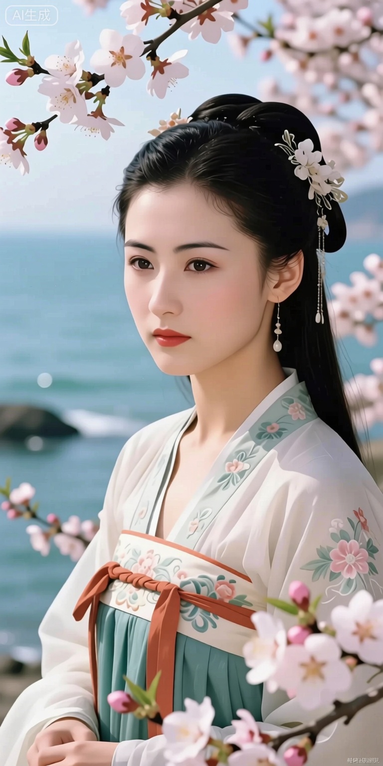 by arutera, portrait, photorealistic,amazing quality,highres, stunning color, radiant tones, best lighting and shadow, ultra-detailed, amazing illustration, an extremely delicate and beautiful,(score_9,score_8_up,score_7_up,score_6_up,score_5_up), ancient chinese style, Starting from tomorrow, be a happy person. I have a house, facing the sea, with spring warmth and blooming flowers. From tomorrow, What the flash of happiness told me,I will tell everyone. Give each river and each mountain a warm name. Strangers, I also bless you. May you have a bright future. May you and your lover end up together. May you find happiness in the mortal world. I only wish to face the sea, with spring warmth and blooming flowers.