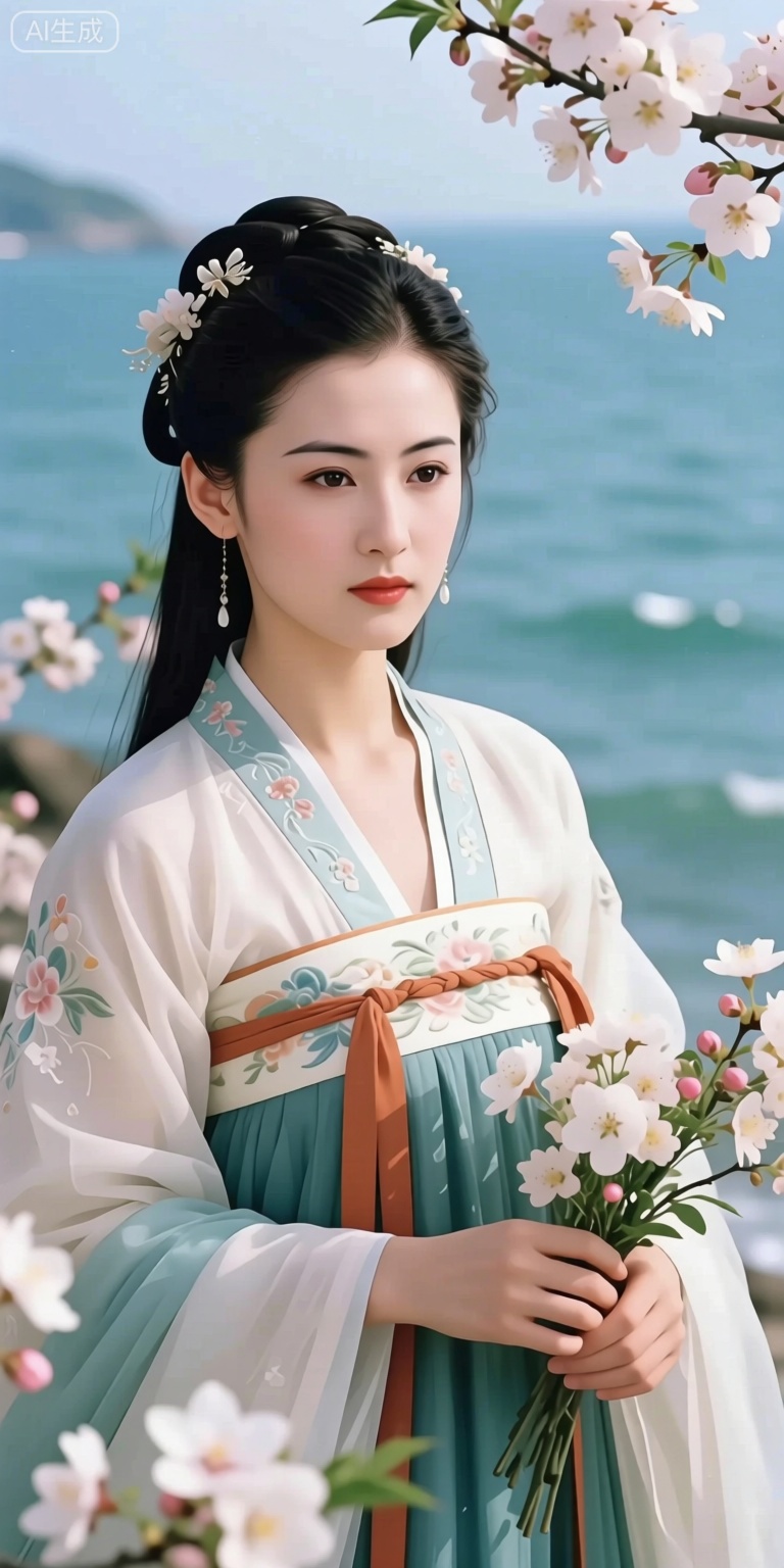 by arutera, portrait, photorealistic,amazing quality,highres, stunning color, radiant tones, best lighting and shadow, ultra-detailed, amazing illustration, an extremely delicate and beautiful,(score_9,score_8_up,score_7_up,score_6_up,score_5_up), ancient chinese style, Starting from tomorrow, be a happy person. I have a house, facing the sea, with spring warmth and blooming flowers. From tomorrow, What the flash of happiness told me,I will tell everyone. Give each river and each mountain a warm name. Strangers, I also bless you. May you have a bright future. May you and your lover end up together. May you find happiness in the mortal world. I only wish to face the sea, with spring warmth and blooming flowers.