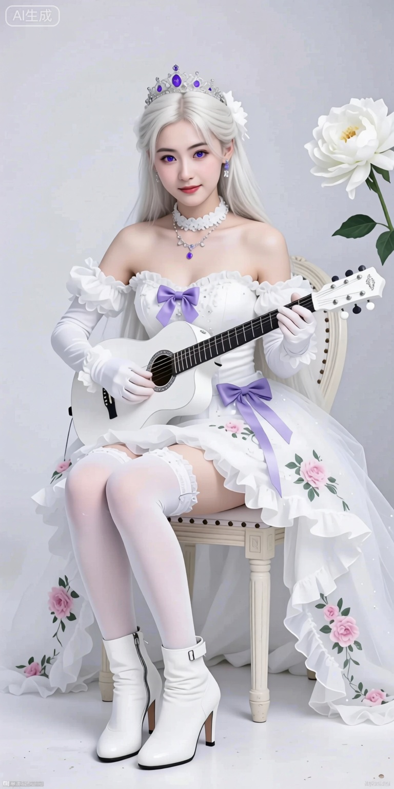 Create a detailed masterpiece with best quality and newest styles using absurdres. Depict a solo 1girl in a white theme setting, sitting with very long white hair, holding a white dress and playing an instrument. She is wearing thighhighs, purple eyes, white hair, a garter with straps, and white footwear. Her hair features an ornament and she has bare shoulders, small breasts, and white thighhighs. She is holding a violin with a bow and wearing gloves, closed mouth, and pink flowers. The background is simple and monochrome with a white flower and a mini white leotard. She sits on a chair, wearing high heels, elbow gloves, and a mini skirt. Her long sleeves are detached, and she has thigh boots, a crown, and frills. Her hair is between her eyes, and she has blue eyes and jewelry. The aesthetic is focused on a white background with a wide and detailed view of her full body, showing her smiling, with frills, floral prints, and a ribbon. Her skin is pale, and she has medium breasts, high heels, and see-through elements. The emotional atmosphere is serene and elegant, capturing her beauty and grace as she plays music.