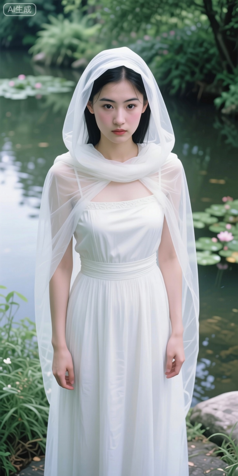 In a breathtakingly photorealistic overhead shot, a tall and slender girl with a thin waist, perky buttocks, and large natural breasts stands in an ultra-high resolution environment. She wears a long white dress that clings to her entire body, its material allowing light to pass through it like gauze. The dress features a large hood that envelops her head, face, arms, and torso, adorned with a lovely ghostly expression. Two curved black eyes and subtle powder blush color her skin, captured with a Canon EOS R6 Mark II Mirrorless camera in the style of 35mm f/8 aperture, intricate details. The scene is filled with soft, diffused lighting, creating a dreamy, ethereal atmosphere. The environment is lush and vibrant, with intricate details and a smooth, flowing texture. The girl stands gracefully, exuding an aura of grace and elegance, set against a backdrop of lush greenery and gentle water features, enhancing the tranquil and serene mood.