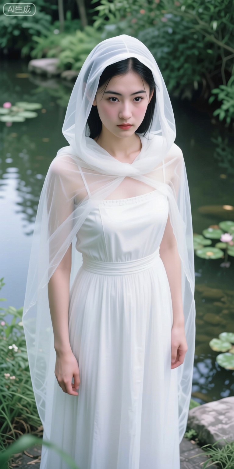 In a breathtakingly photorealistic overhead shot, a tall and slender girl with a thin waist, perky buttocks, and large natural breasts stands in an ultra-high resolution environment. She wears a long white dress that clings to her entire body, its material allowing light to pass through it like gauze. The dress features a large hood that envelops her head, face, arms, and torso, adorned with a lovely ghostly expression. Two curved black eyes and subtle powder blush color her skin, captured with a Canon EOS R6 Mark II Mirrorless camera in the style of 35mm f/8 aperture, intricate details. The scene is filled with soft, diffused lighting, creating a dreamy, ethereal atmosphere. The environment is lush and vibrant, with intricate details and a smooth, flowing texture. The girl stands gracefully, exuding an aura of grace and elegance, set against a backdrop of lush greenery and gentle water features, enhancing the tranquil and serene mood.
