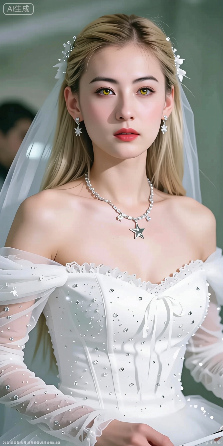 1girl, solo, long hair, breasts, looking at viewer, blush, blonde hair, hair ornament, long sleeves, dress, bare shoulders, jewelry, collarbone, yellow eyes, upper body, earrings, parted lips, necklace, star (symbol), white dress, lips, see-through, parted bangs, sparkle, glowing (all body) Show whole body, Exaggerated movements, large movement amplitude, low angle, low angle lens, 2024, high quality, detailed texture, in the best style of tantalizing, lustful anticipation art. depth of field, light particles, lens flare, (artist:quasarcake:0.8), extreme aesthetic, (wlop:0.6), wanke,rella, wanke, masterpiece, best quality, good quality, very aesthetic, absurdres, Visual impact, Electromotive force, perspective composition, A shot with tension, ultra-high resolution, 32K UHD, sharp focus, best quality, masterpiece, Emotionalization masterpiece, unconventional supreme, masterful details, with a high-end texture, in the style of fashion photography, (Visual impact:1.4), giving the poster a dynamic and visually striking appearance, impactful picture, official art, colorful, splash of color, movie perspective, masterpiece, best quality, amazing quality, very aesthetic, absurdres, best quality, newest, high heels, skinny, Full body photo.