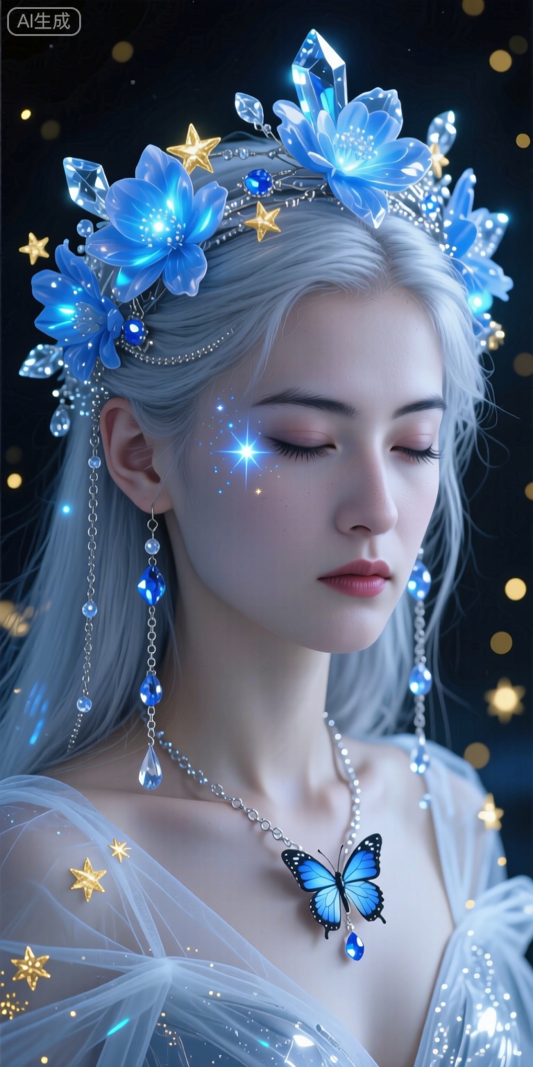 A futuristic,A silver-haired woman stood still with her eyes closed. Her face was as cold as snow, and her eyeshadow shone with a starry light, dotted with blue and golden stars, as if the universe's stars were flowing in her eyes. Her eyelashes were long and curly, and her eyes were deep and mysterious. She wore a magnificent headpiece decorated with blue luminous flowers and crystals. The petals were layered upon each other, as if carved by ice crystals. Fine chains hung from her hair, studded with water droplets A luminous sapphire, gently swaying in the wind, with a transparent gossamer draped over the shoulders, and a butterfly-shaped pendant set at the collar that glimmers faintly. The background is dark, highlighting the figure's radiance and mystery. Glowing golden particles, Magical Fantasy style
