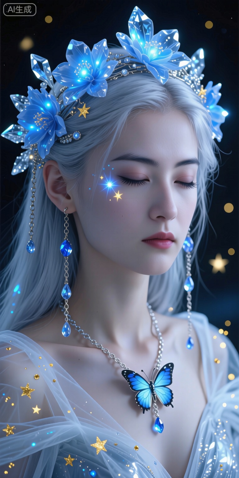 A futuristic,A silver-haired woman stood still with her eyes closed. Her face was as cold as snow, and her eyeshadow shone with a starry light, dotted with blue and golden stars, as if the universe's stars were flowing in her eyes. Her eyelashes were long and curly, and her eyes were deep and mysterious. She wore a magnificent headpiece decorated with blue luminous flowers and crystals. The petals were layered upon each other, as if carved by ice crystals. Fine chains hung from her hair, studded with water droplets A luminous sapphire, gently swaying in the wind, with a transparent gossamer draped over the shoulders, and a butterfly-shaped pendant set at the collar that glimmers faintly. The background is dark, highlighting the figure's radiance and mystery. Glowing golden particles, Magical Fantasy style