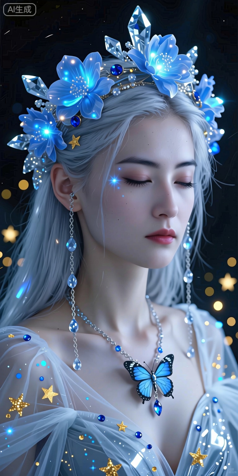 A futuristic,A silver-haired woman stood still with her eyes closed. Her face was as cold as snow, and her eyeshadow shone with a starry light, dotted with blue and golden stars, as if the universe's stars were flowing in her eyes. Her eyelashes were long and curly, and her eyes were deep and mysterious. She wore a magnificent headpiece decorated with blue luminous flowers and crystals. The petals were layered upon each other, as if carved by ice crystals. Fine chains hung from her hair, studded with water droplets A luminous sapphire, gently swaying in the wind, with a transparent gossamer draped over the shoulders, and a butterfly-shaped pendant set at the collar that glimmers faintly. The background is dark, highlighting the figure's radiance and mystery. Glowing golden particles, Magical Fantasy style