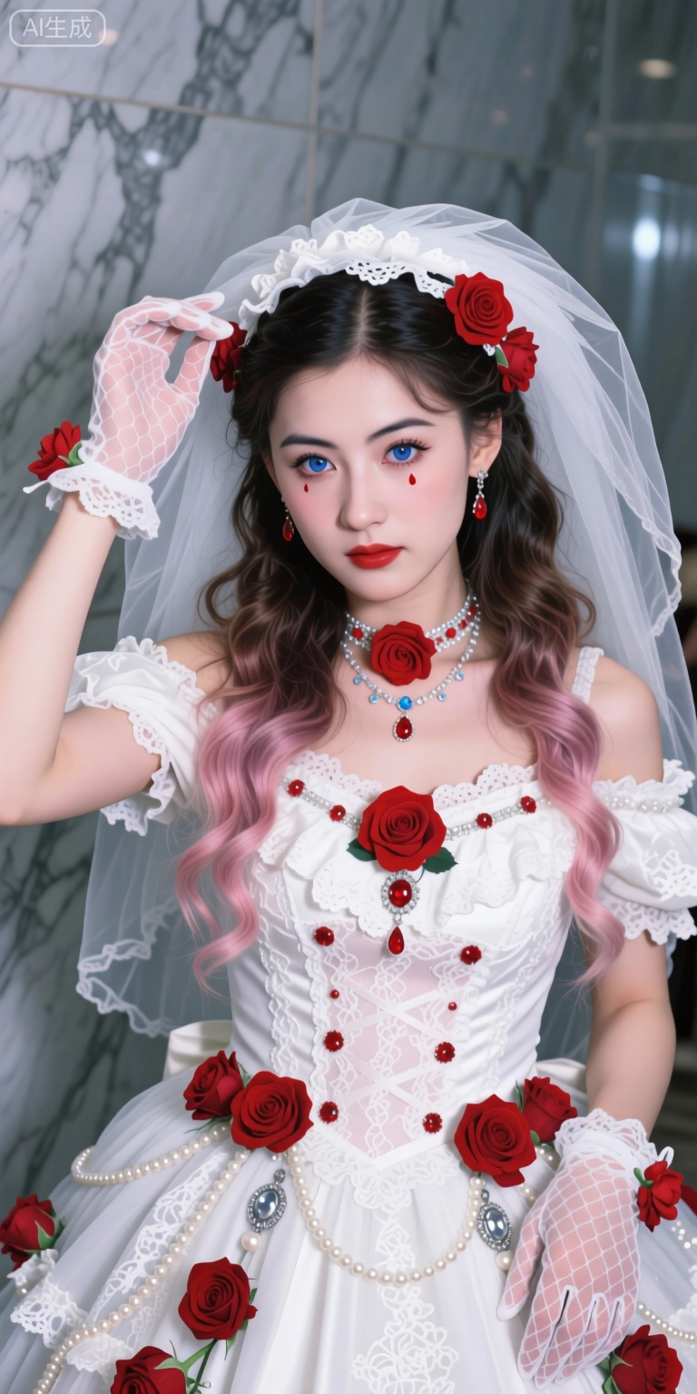 Create a stunning image where a woman wears a gorgeous Lolita-style dress with long curly hair featuring a white-pink gradient, smooth and with natural luster, having a sub-surface scattering effect as if it has its own halo. Her blue eyes are clear and bright, adorned with unique eye makeup, with red teardrops at the corners of her eyes, thick and long eyelashes, and slender eyebrows. Her bridge of the nose is delicate, her lips painted with bright red lipstick, and her pore structure is delicate and realistic. She wears a white lace headdress with red rose decorations and a red flower necklace inlaid with gems around her neck. Her white lace dress has a skirt decorated with numerous red roses, pearls, and silver chains, with lace texture clearly visible. White mesh gloves are also embellished with red flowers.

She touches the headdress lightly with one hand and raises it naturally with the other, her posture elegant and slightly playful. The background features a gray marble wall with soft light, creating a gorgeous and mysterious atmosphere. Capture this scene using a professional camera style, 8K resolution, ultra-high definition, rich picture details, bright and natural colors, realistic light and shadow effects, high sharpness, low noise, and depth of field effect to highlight the main body of the characters, conveying sweet and mysterious emotions.
